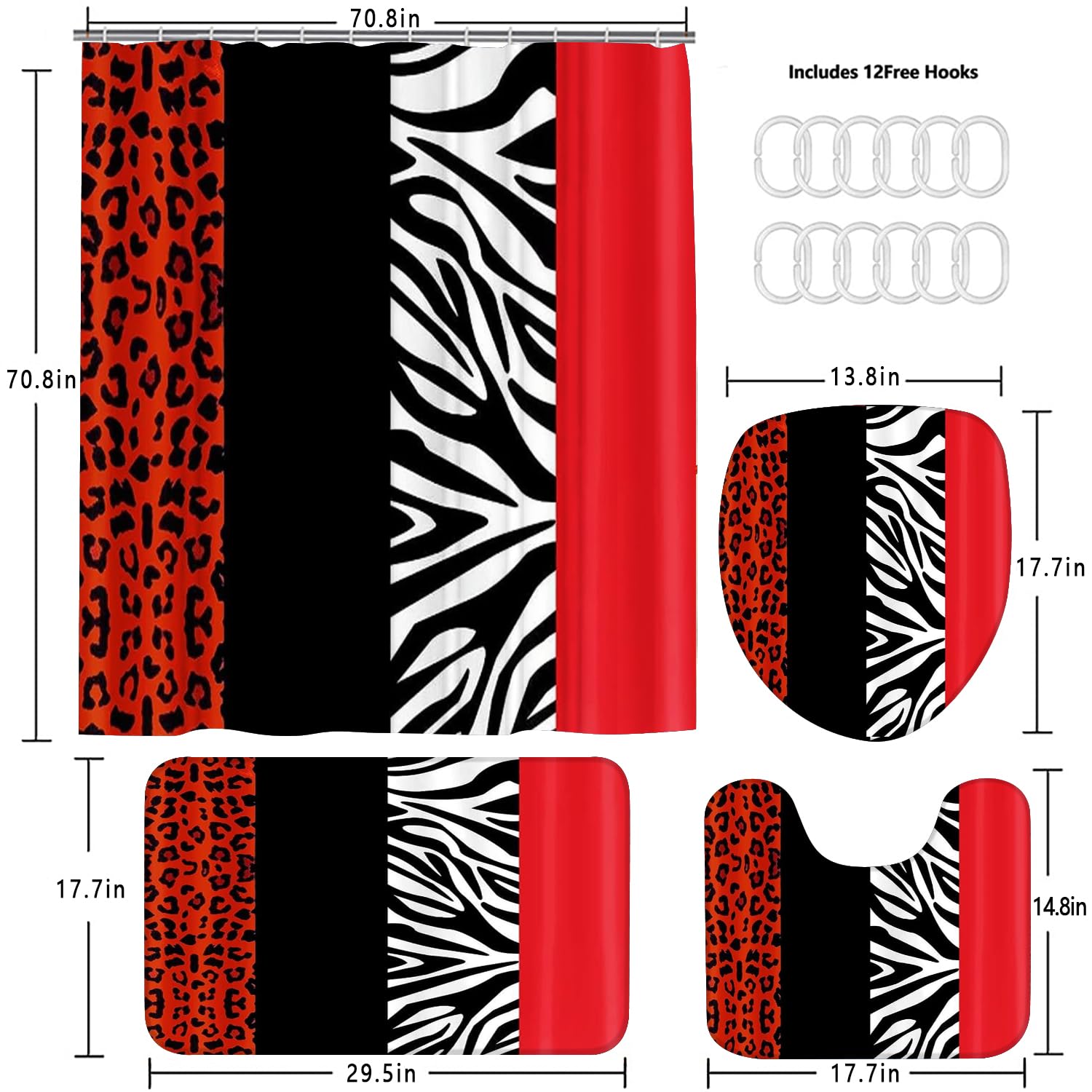 Set di 4 tende da doccia con stampa leopardata con tappeto antiscivolo, copertura del coperchio del WC e tappetino da bagno, tenda da doccia con 12 ganci, tenda da doccia resistente
