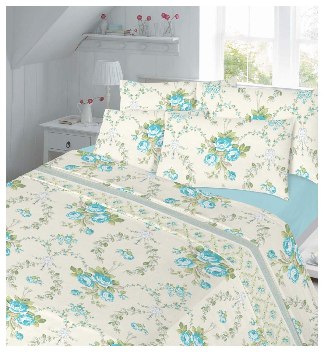 Hendem Teal Hendem® Olivia Flannelette Sheet Set Include Fitted Sheet Flat Sheet And Pillowcase Floral Thermal 100% Brushed Cotton (, Double)