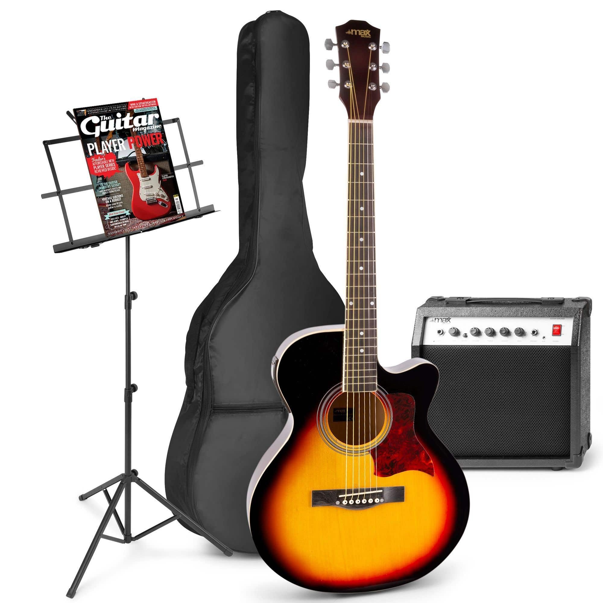 MAX ShowKit Elektro Akustik Gitarre Set mit Verstärker 40 Watt, Gitarrentasche, Notenständer, Gitarrenstimmgerät, Instrumentenkabel, Plektrum und E Akustikgitarre mit Tonabnehmer - Sunburst
