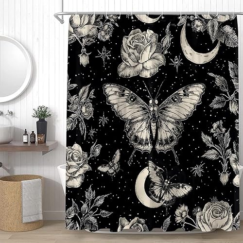 Cortina de ducha con polilla gótica, misteriosas mariposas, flores, plantas, color negro, juego de cortinas decorativas con ganchos, 70 pulgadas de
