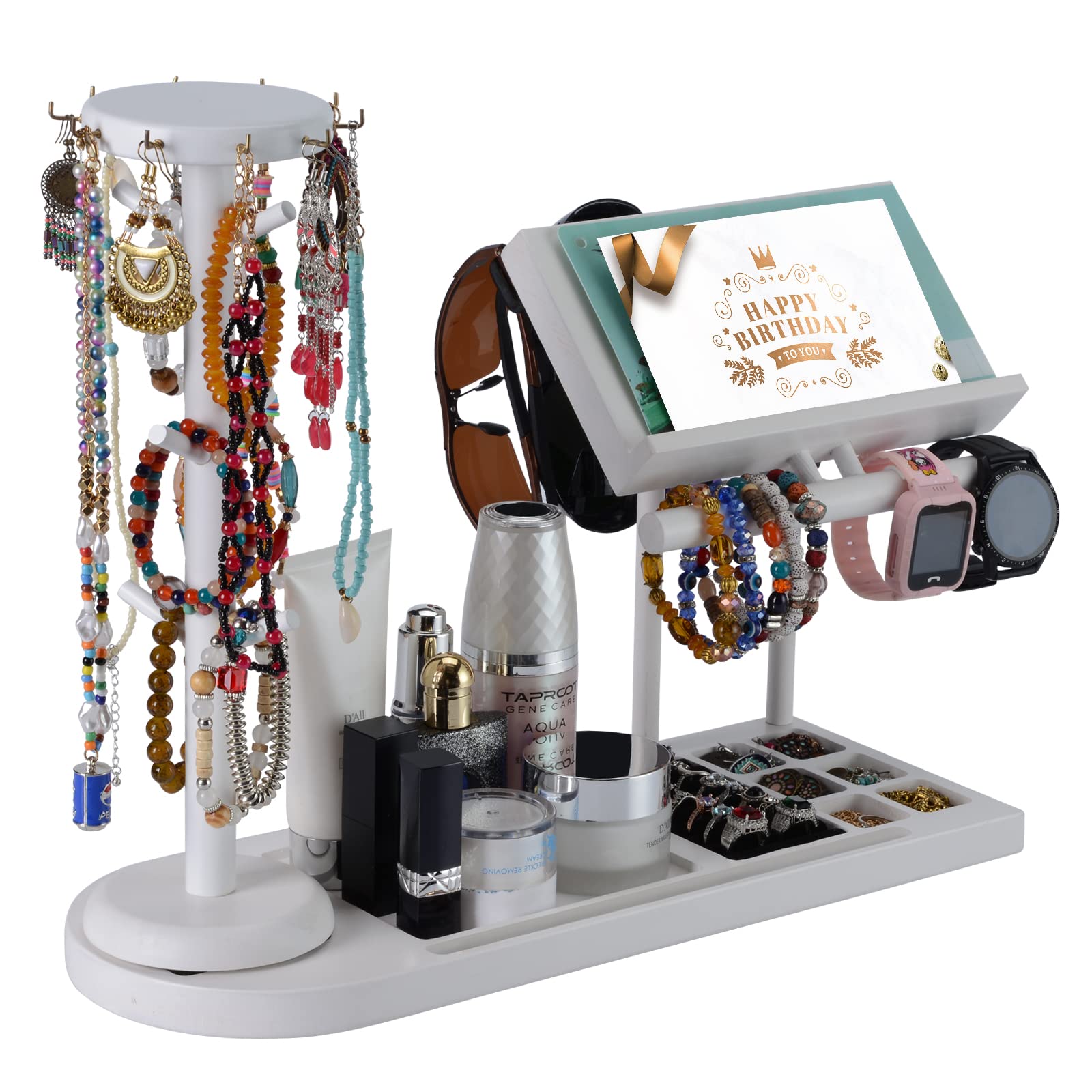 YQOMGCY Jewelry Organizer, Pine Wood Display Stand, 8 in 1 Multi-Functional Jewelry Holder Stand for Earrings, Necklaces, Bracelets, Rings, Watches, Sunglasses, Cosmetics and Greeting Cards (White).