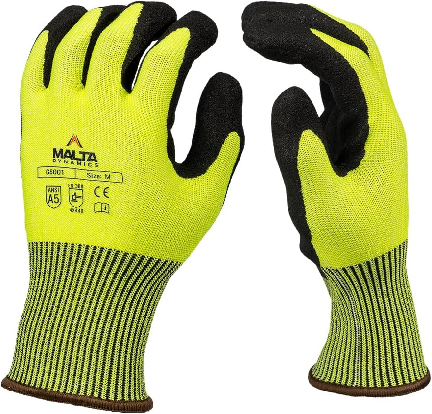 Malta Dynamics Cut Level 5 Safety Work Gloves for Men - ANSI/OSHA Compliant, PU Grip, Dexterity & Comfort
