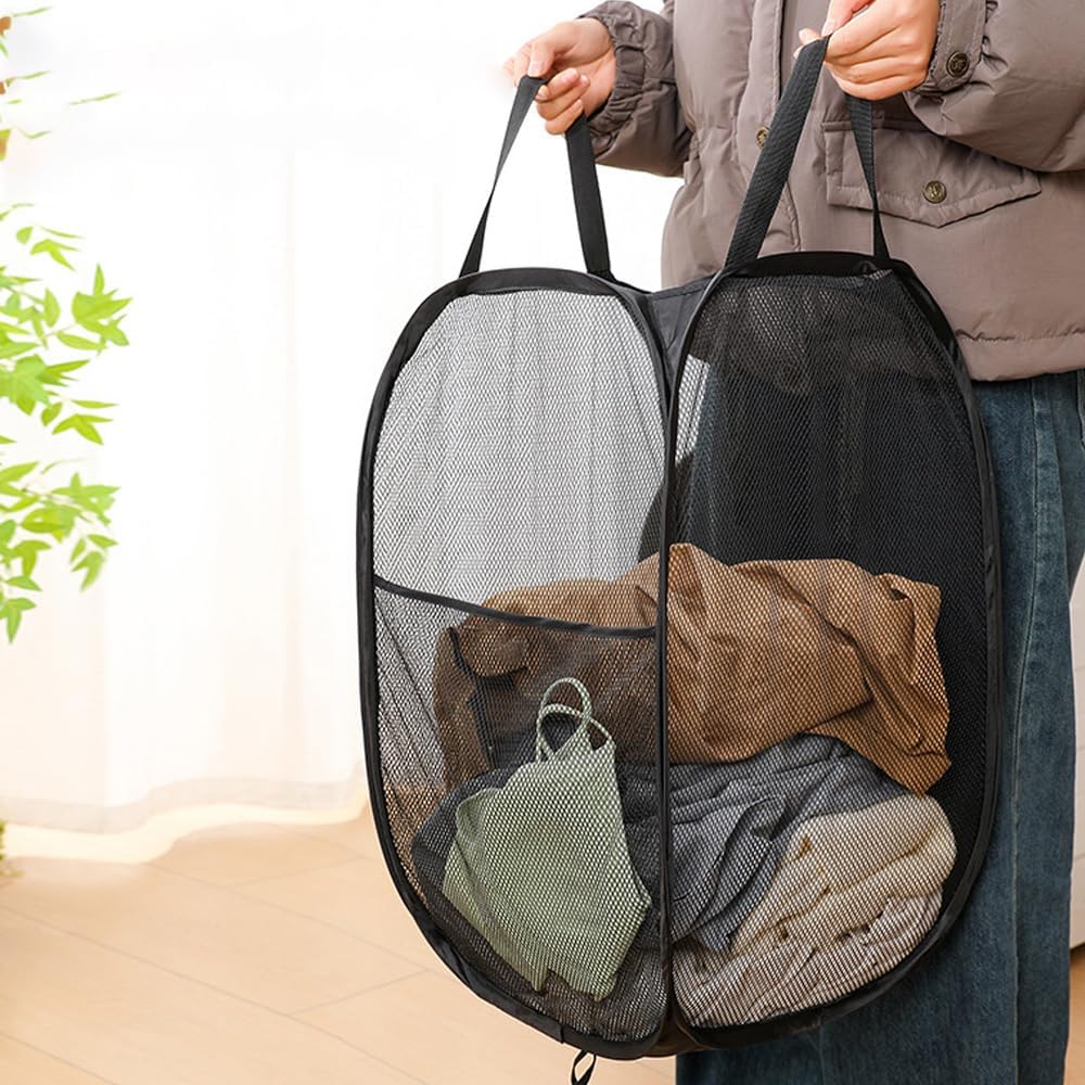 Pack of 2 Pop Up Laundry Hamper Collapsible Laundry Baskets Black Mesh Laundry Baskets with Portable Handle, Side Pocket for Bedroom, Nursery Room, Travel, Cruise
