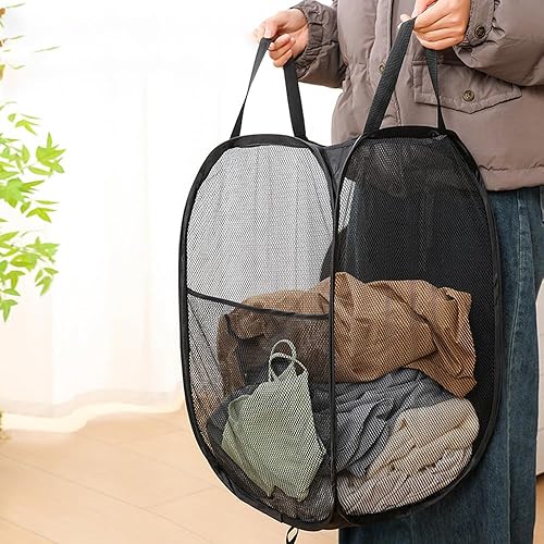 Miniatura 2 de Paquete de 2 cestas plegables de lavandería plegables de malla negra con asa portátil, bolsillo lateral para dormitorio, cuarto de bebé, viajes,