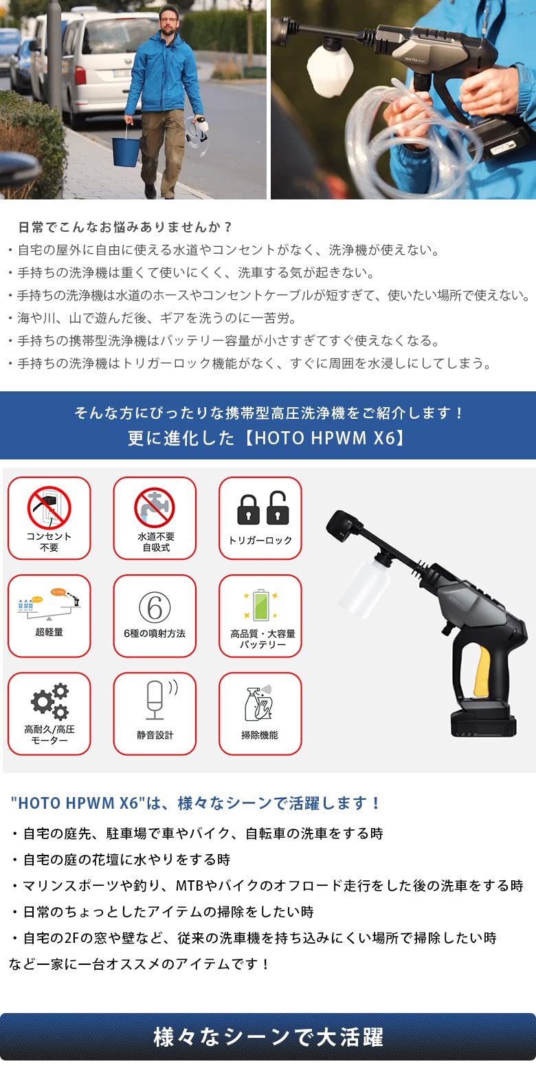 携帯型高圧洗浄機 HPWM X6 高圧洗浄機 コードレス 充電式 ハンディウォッシャー 家庭用 静音 強力 大容量バッテリー