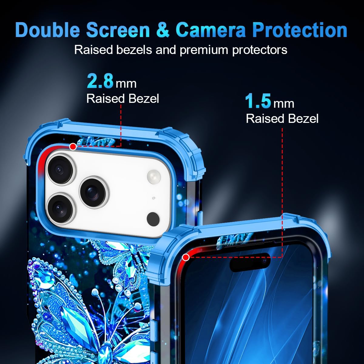 Miqala for iPhone 17 Pro Max Case,Glow in The Dark Three Layer Heavy Duty Shockproof Protection Hard Plastic Bumper+Soft Silicone Case for iPhone 17 Pro Max,Blue Crystal image 5
