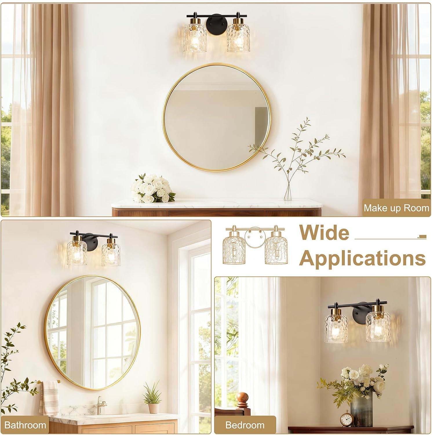 2 Light Black and Gold Vanity Light, Farmhouse Vanity Lighting Fixtures Over Mirror with Hammered Glass, Rustic Vanity Lights for Bathroom Lights Makeup Room