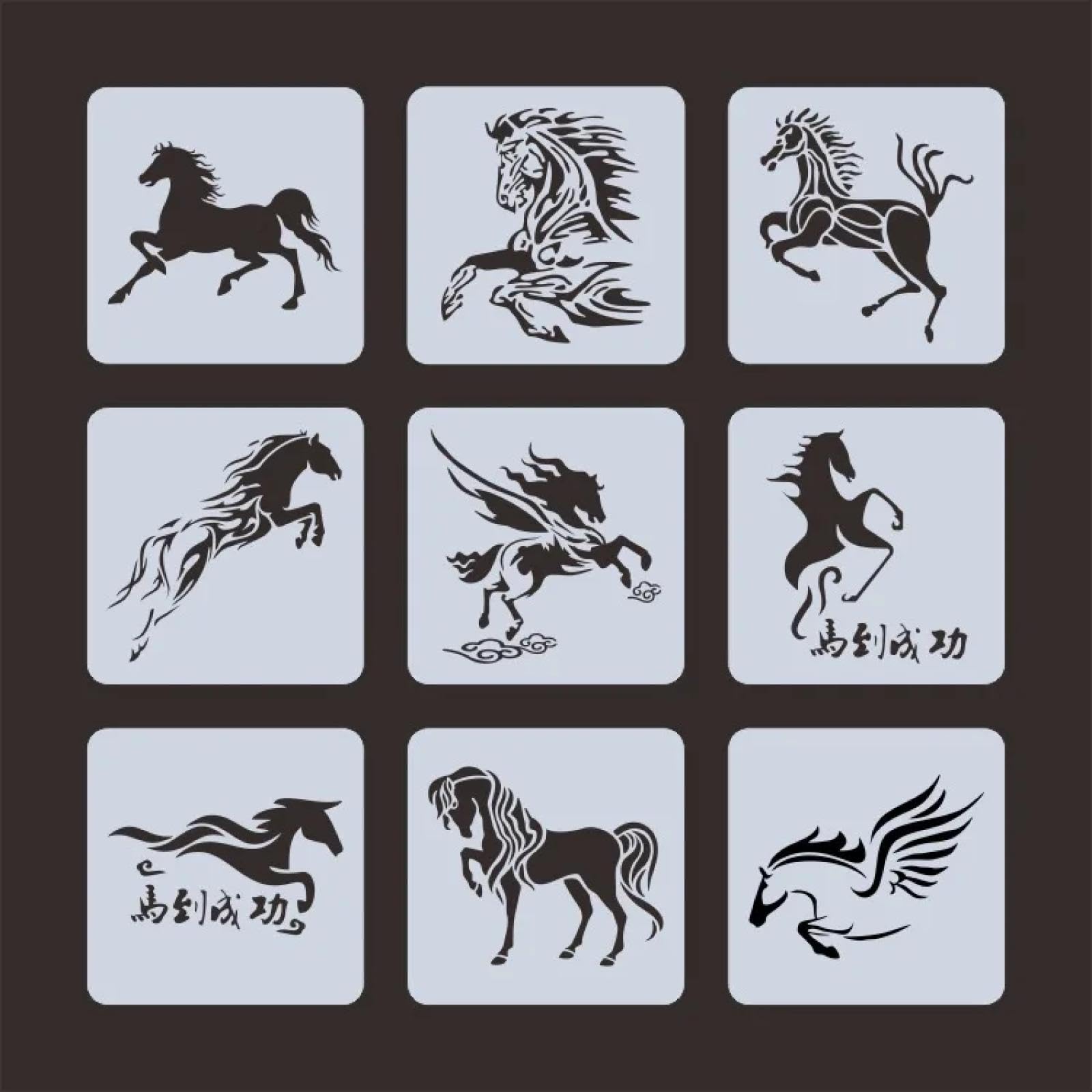 Stencil per dipingere su legno, 9 pezzi, 13 x 13 cm, motivo: animali, cavalli, riutilizzabili, per fai da te su legno, pareti, tela, decorazioni per la casa