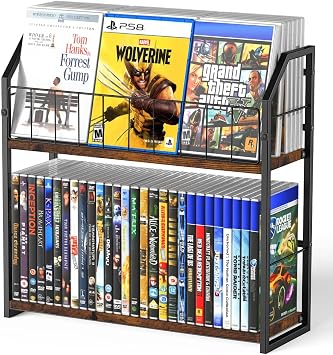 2-Tier DVD Storage Rack, DVD Shelf with Display Top, Wood Shelf with Metal Frame for DVDs, CDs, Movies and Media - Holds up to 56 DVDs, Organize Your Home and Music