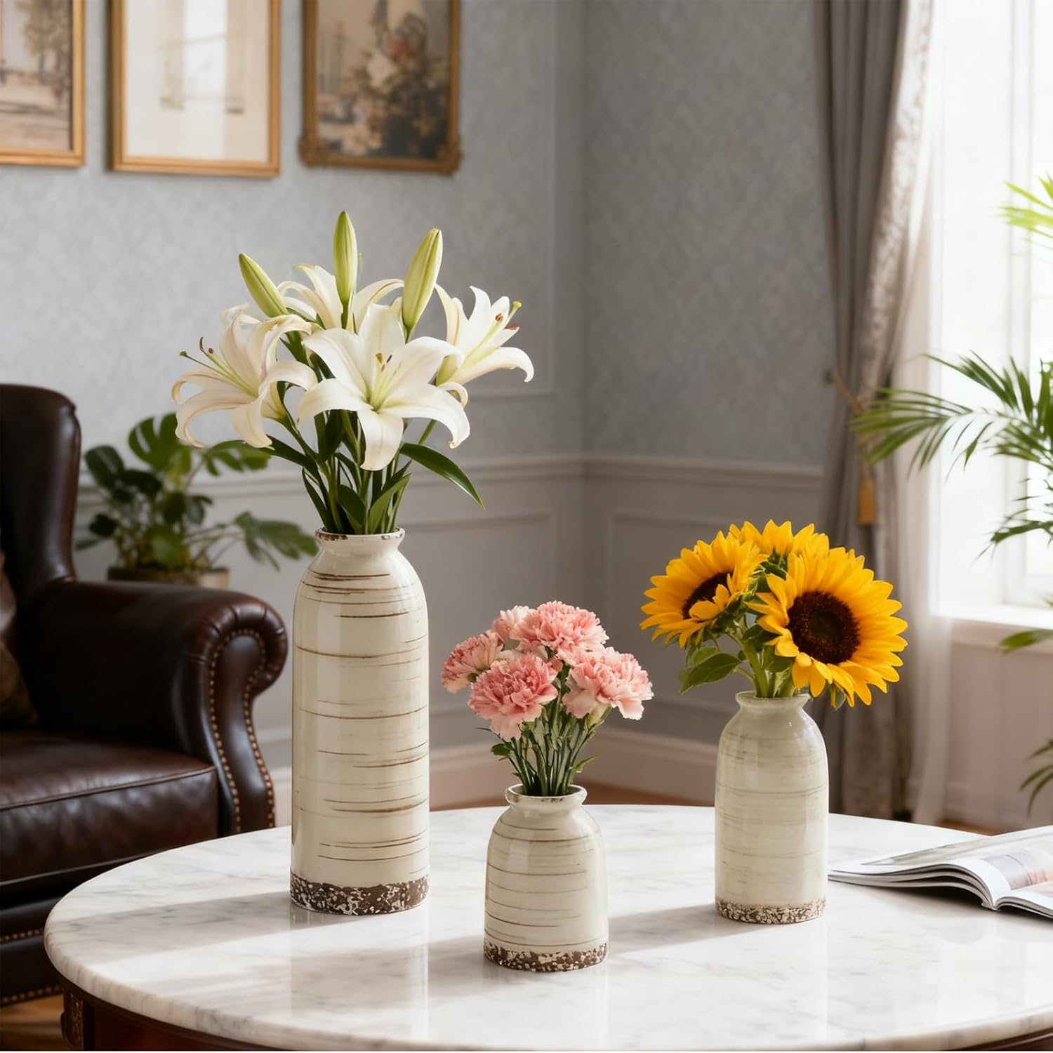 Rustic Ceramic Vase Set of 3 - Beige Rustic Vases for Flowers,Farmhouse Flower Vases for Home Decor,Small Decorative Vase Set for Living Room,Table Shelf,Centerpieces and Fireplace Decorations - Image 2