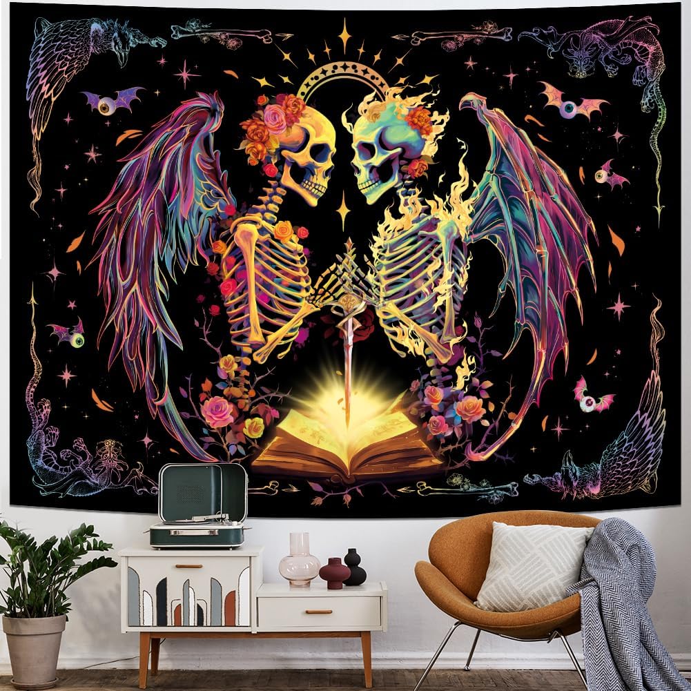 Heopapin Blacklight Trippy Skull Tapestry UV Reactive Gothic Skeleton Wall Hanging Tapestries Fantasy Neon Wing Glow in the Dark Party Poster Magical Galaxy Space Tapestry for Bedroom