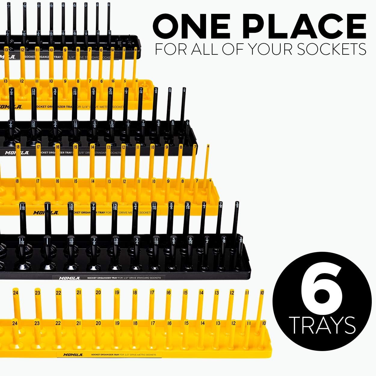 Socket Organizer Trays - 6 Piece Socket Tray Set Black SAE & Yellow Metric | 1/4-Inch, 3/8-Inch & 1/2-Inch Drive Socket Holder | Premium Quality Tool Organizers