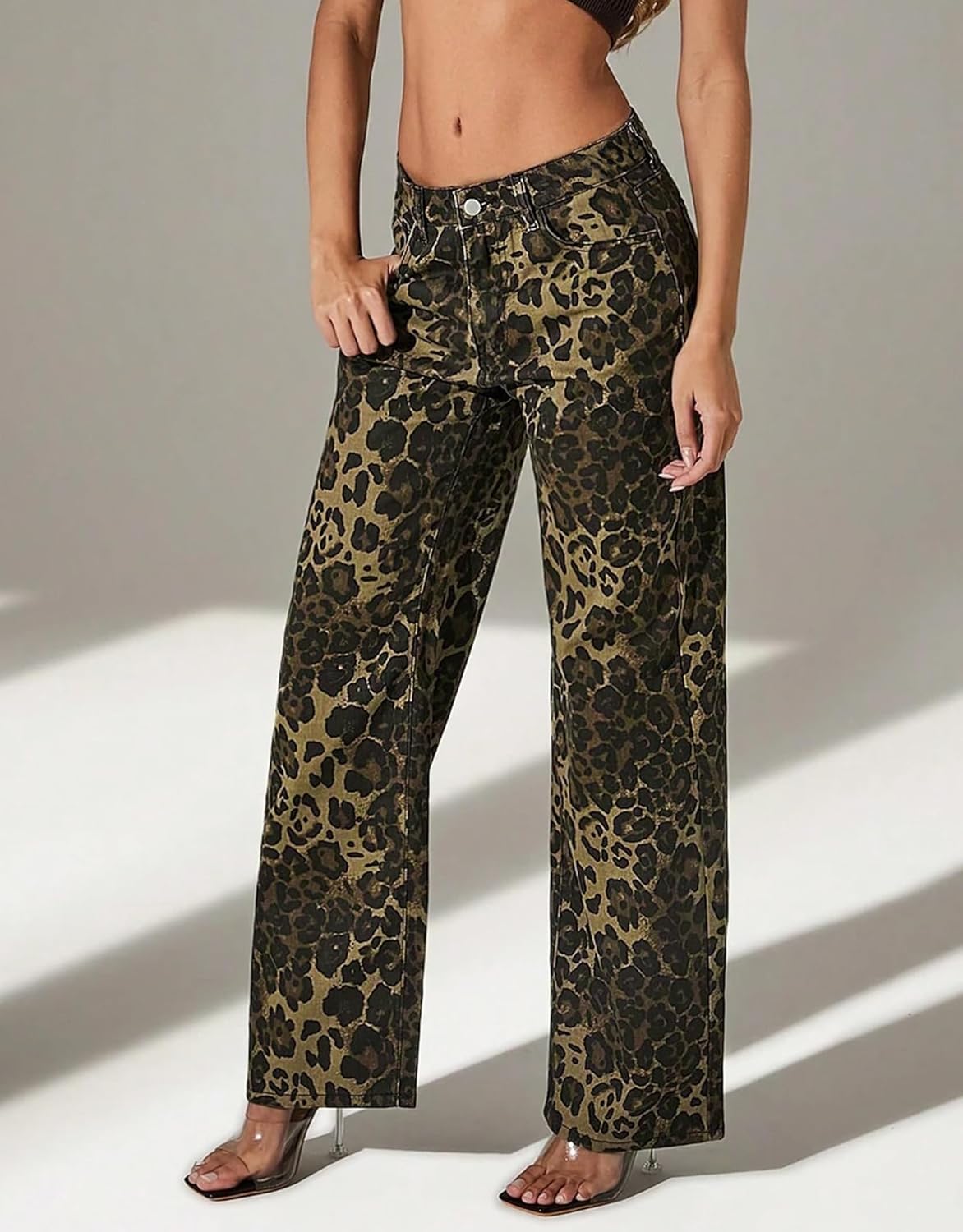 Kedera Women's Leopard Printed Wide Leg Jeans Baggy Straight Jeans Casual Boyfriend Mid Rise Ankle Denim Pants - Image 5