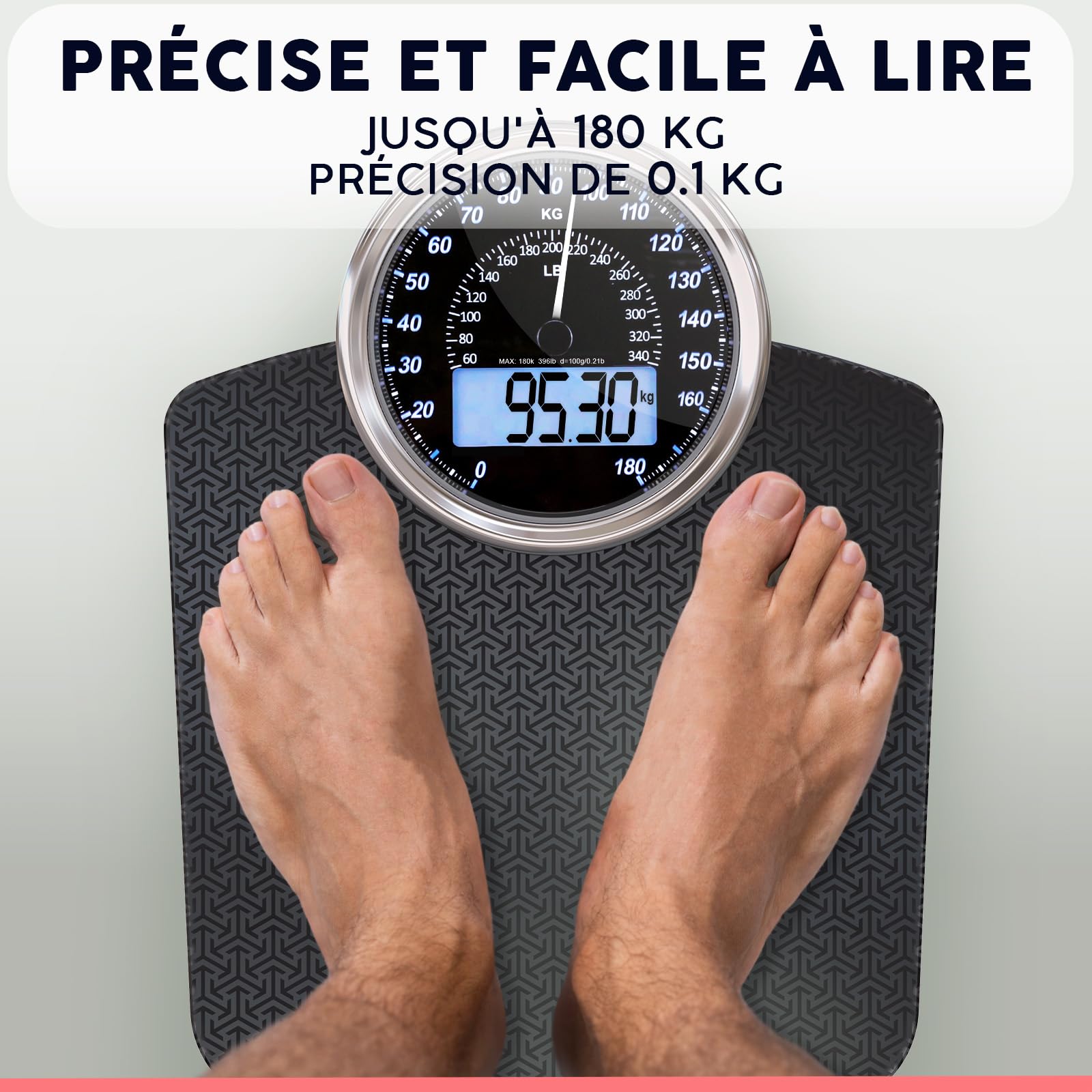 Hybrid Pèse-Personne - Analogique & Digital, Précis jusqu'à 180 kg | Lisez votre poids sur cadran analogique et LCD en même temps. Large plateau, 3 piles AAA incluses, prêt à l'emploi.
