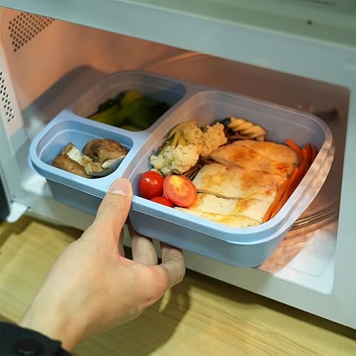 Miniatura 6 de Moretoes Recipiente para almuerzo, cajas Bento de 3 compartimentos para preparación de comidas con tapas transparentes y 2 cubiertos, recipientes