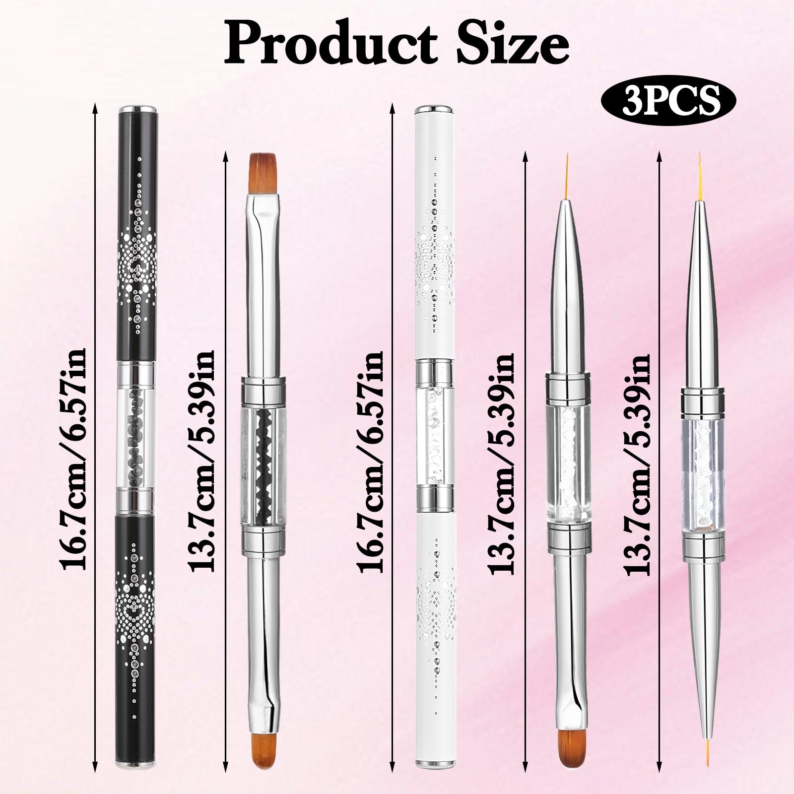 KFHENSOMR Hard Gel Nail Brush, 3pcs Rhinestone Handle Nail Brushes, Double Ended Nails Builder Gel Brush, French Tip Nails Gels Liner Brushes for Professional Fingernails Art (Black, White)