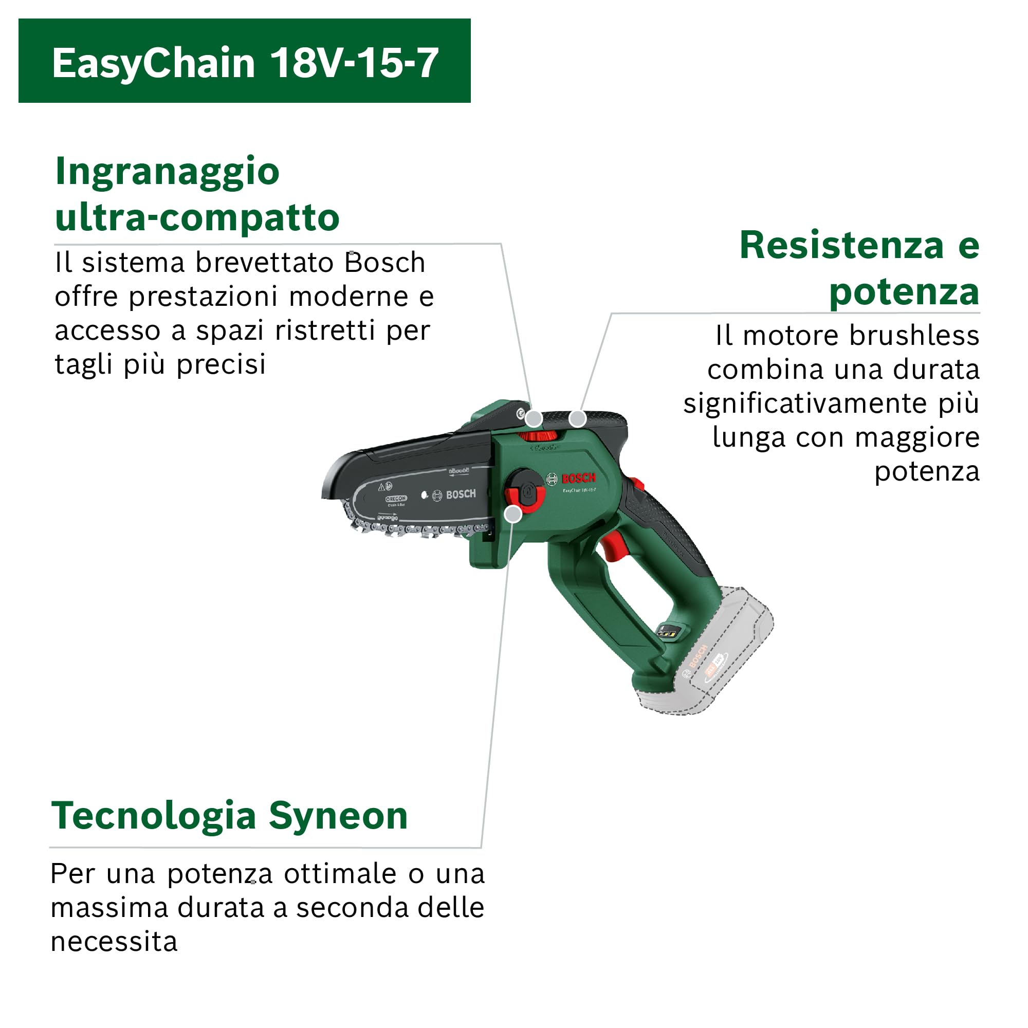 Bosch Mini Motosega a batteria EasyChain 18V-15-7 (per il taglio del legno; 18 Volt System; velocità catena: 6.95 m/s; senza batteria)