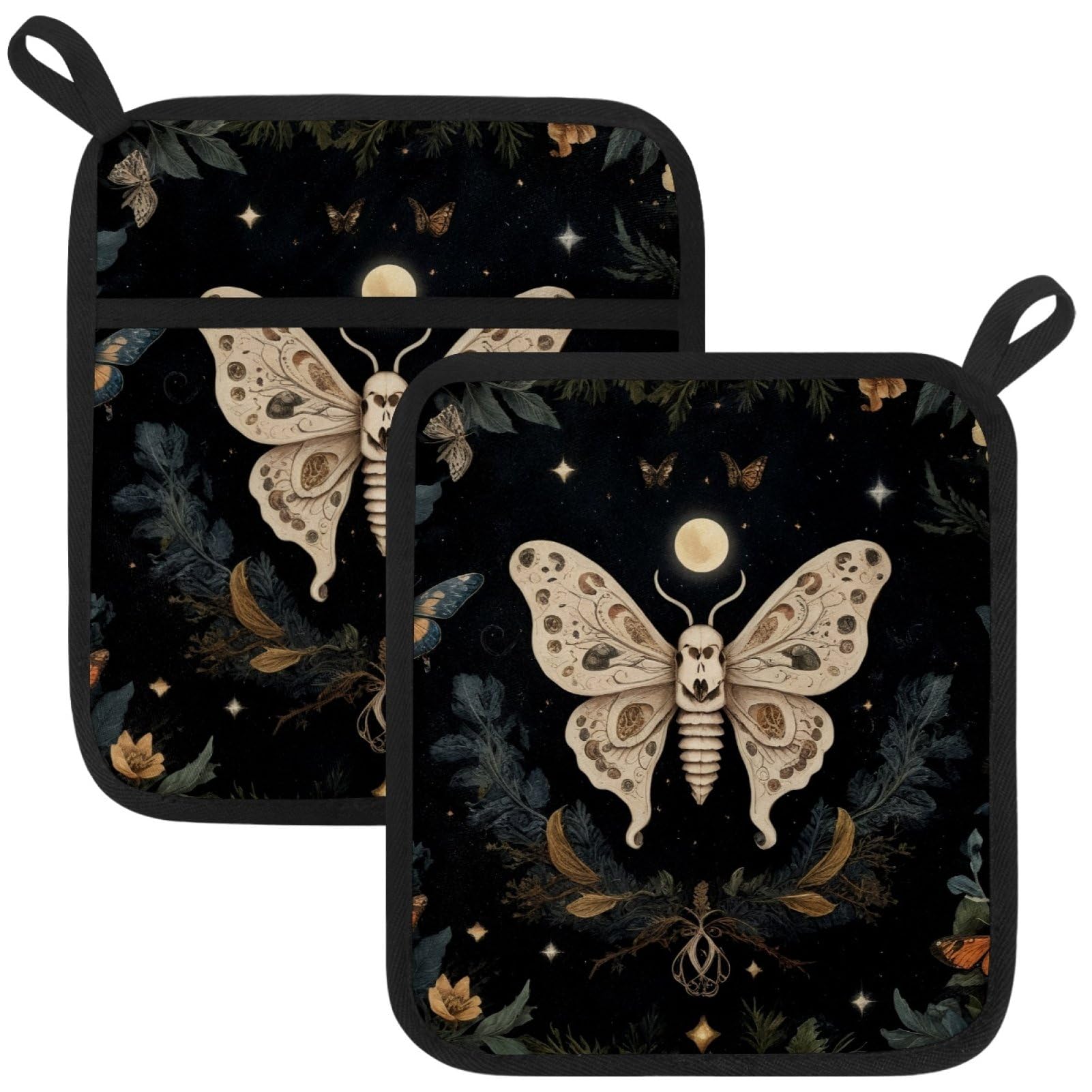 VAPOKF Skeleton Butterfly Pot Holders with Pocket for Kitchen Heat Resistant Potholders Large Polyester-Cotton Square Oven Mitts Set