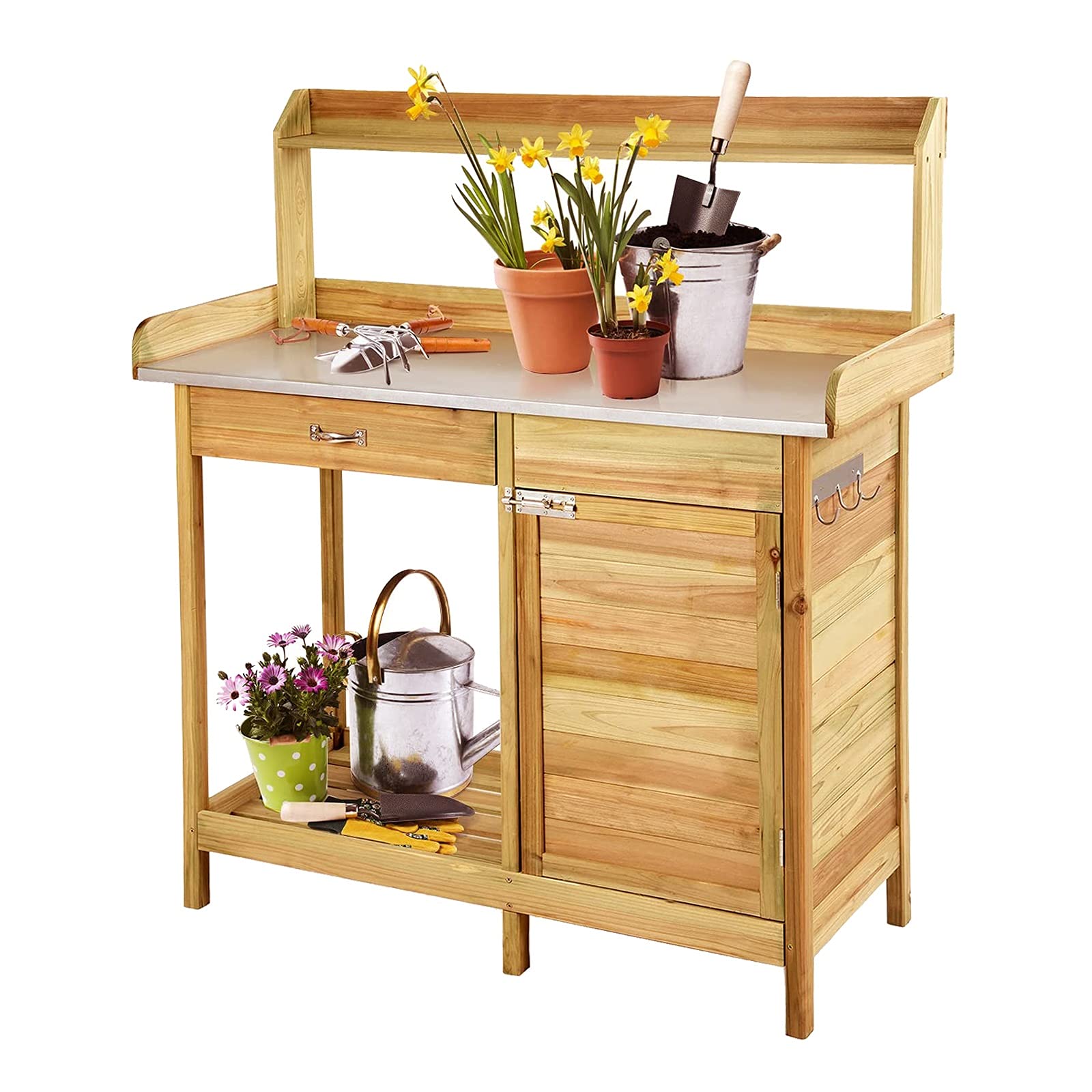 Banco de jardín de Madera con Mesa de Trabajo, Armario de Metal, cajón y Ganchos, Mesa de jardinería para Exterior con Estante de Almacenamiento, 101,6 x 41,4 x 125 cm, Color Madera Natural.