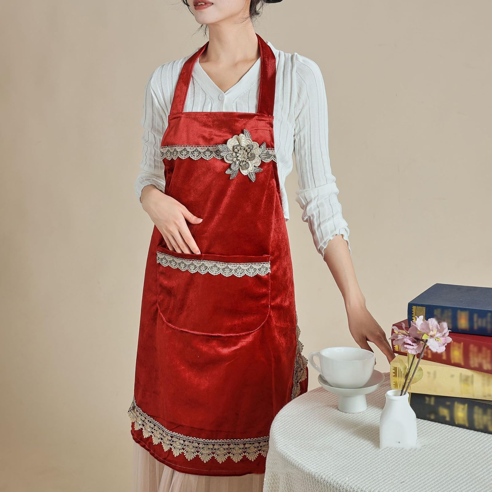 2pcs Tabliers De Cuisine Tablier Japonais avec Poches Tablier pour Femme Tablier De Chef Red,One Size