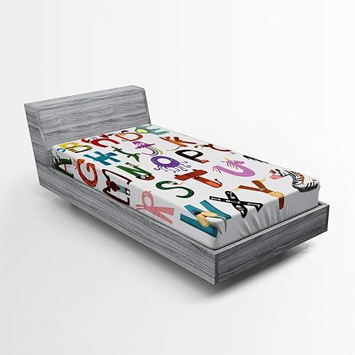 Lunarable ABC - Sábana bajera ajustable, divertido alfabeto de dibujos animados con tipografía de animales de zorro, mono, serpiente, funda de cama