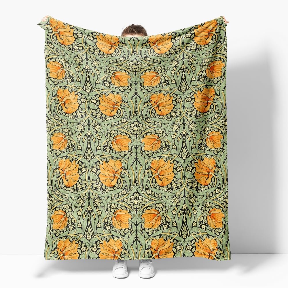 William Morris Vintage Floral Blanket, Rustic Soft Flannel Lightweight Throw Blanket, Sage Green/Orange Botanical Throw for Living Room Sofa Decor, Gifts for Women & Girls, All Seasons, 60x80 inch