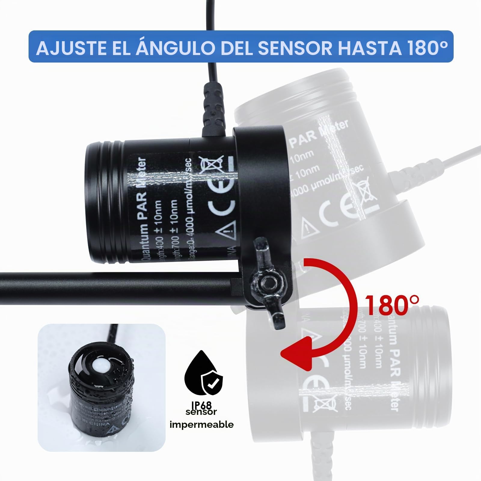 Medidor PAR para Tanque de Arrecife Impermeable Acuario IP68 Sensor Cuántico Registrador de datos PPFD Medidor PAR con cable de 200 cm y poste telescópico sólido de 94 cm Incluido