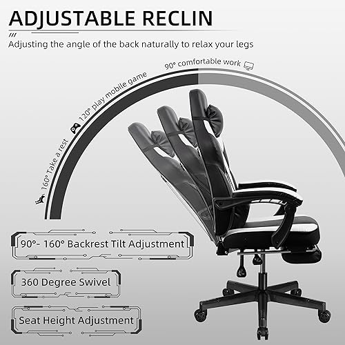 Miniatura 7 de Shintenchi Silla para videojuegos, silla de videojuegos con reposapiés y soporte lumbar de masaje, silla de juego de altura ajustable con asiento