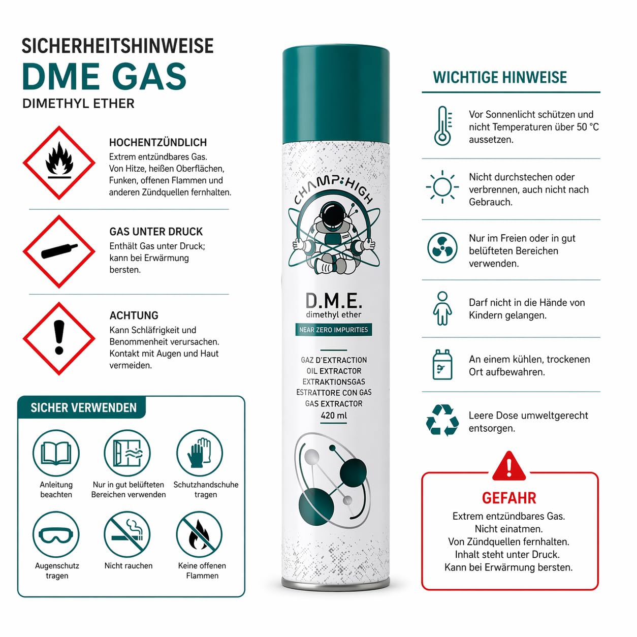 Champ HIGH DME Gas 420ml / 277g - 99,9% reines Dimethylether Extraktionsgas, hochrein für technische Extraktion, Aerosoldose (12)
