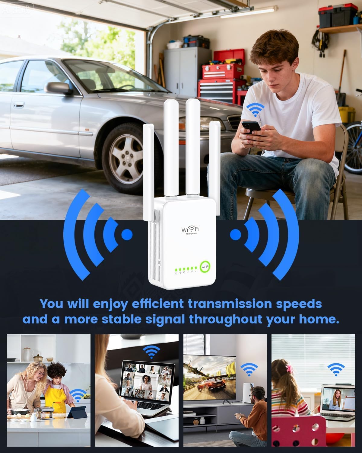 WLAN Repeater,WLAN-Verstärker 300 Mbps,High Performance with 4 Antennas,WLAN Access Point, with Repeater/AP Mode,Amplifier with Ethernet Port,Signal Amplification Compatible with All Modem Routers - 7