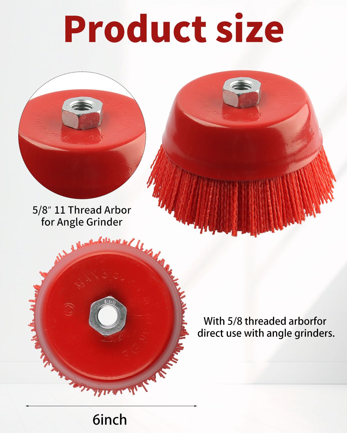 ZORUNNA Nylon Cup Brush for Angle Grinder, 6 Inch Coarse Sanding Scuffing, 5/8" 11 Thread, 4PCS Wire for Drill - Remove Rust, Corrosion, Paint