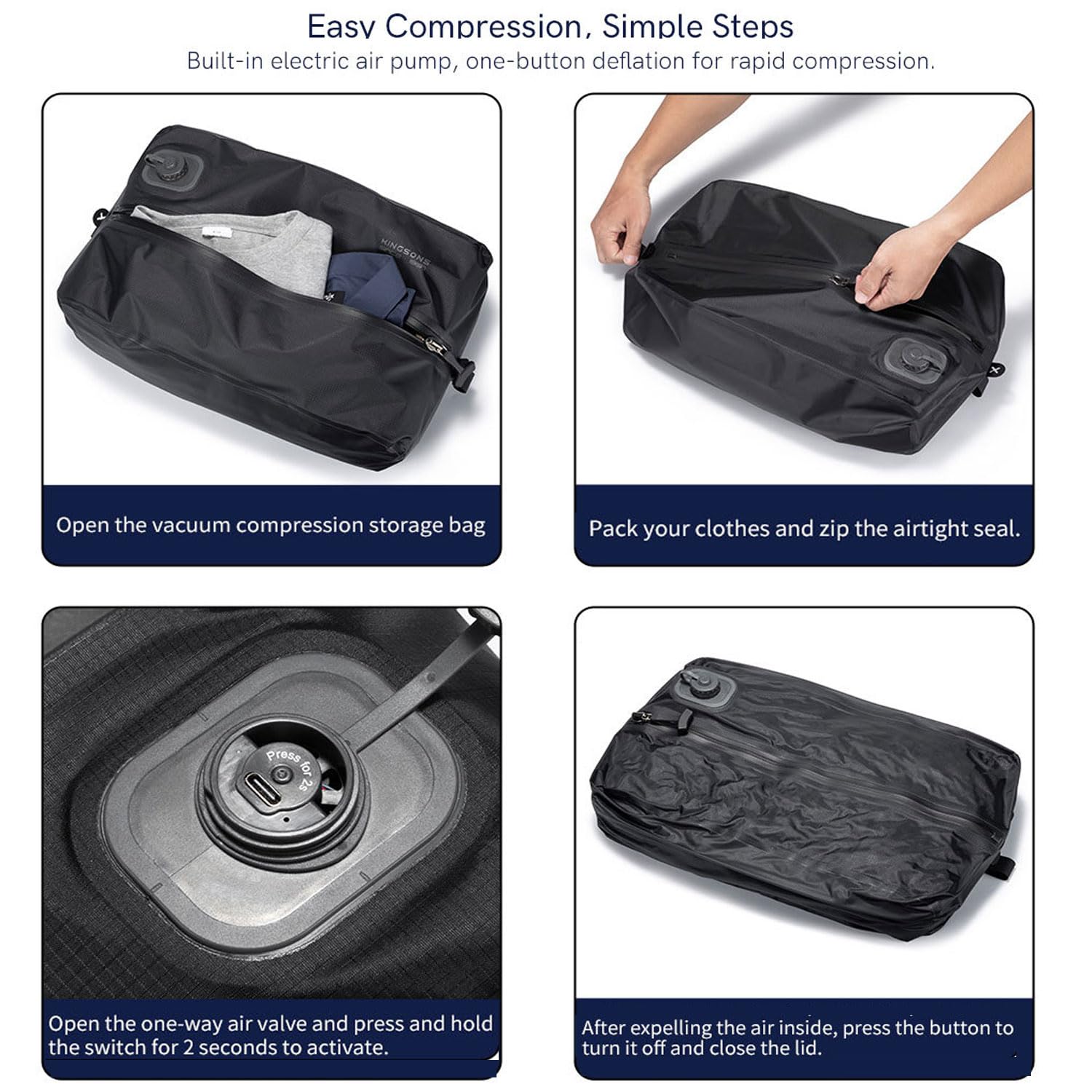 Pochette de Compression Voyage avec Pompe électrique Intégrée, Sacs de Rangement Sous Vide pour Valise, Réutilisables et Gain de Place Valise Sacs à Dos Durables Imperméables Ipx7 en TPU (Gris foncé)