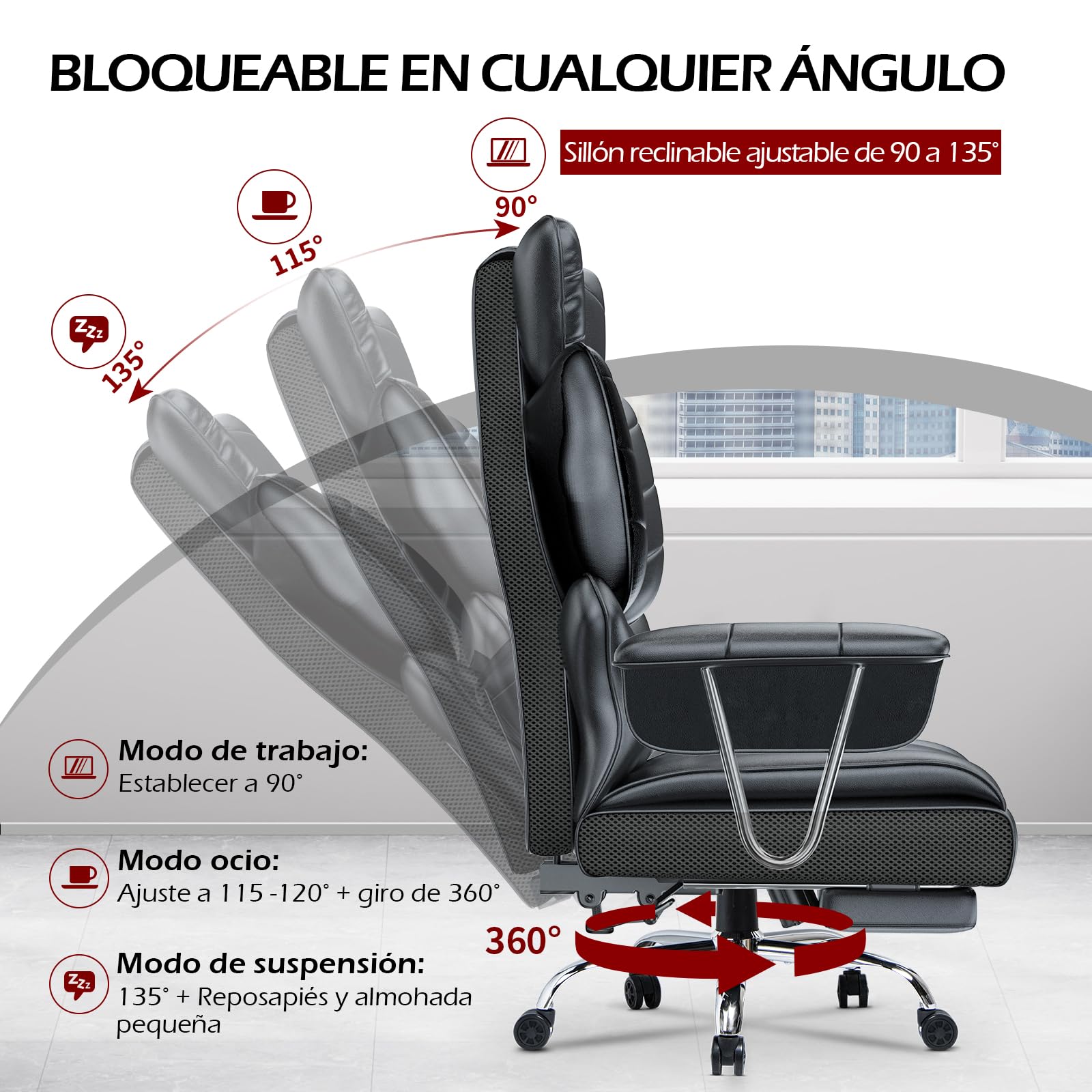 naspaluro Silla de Escritorio con Reposacabezas Reposapiés, Silla de Oficina Ergonómica, Silla de Escritorio Reclinable, Silla Giratoria de Cuero PU con Ruedas y reposacabezas, 150kg Negro