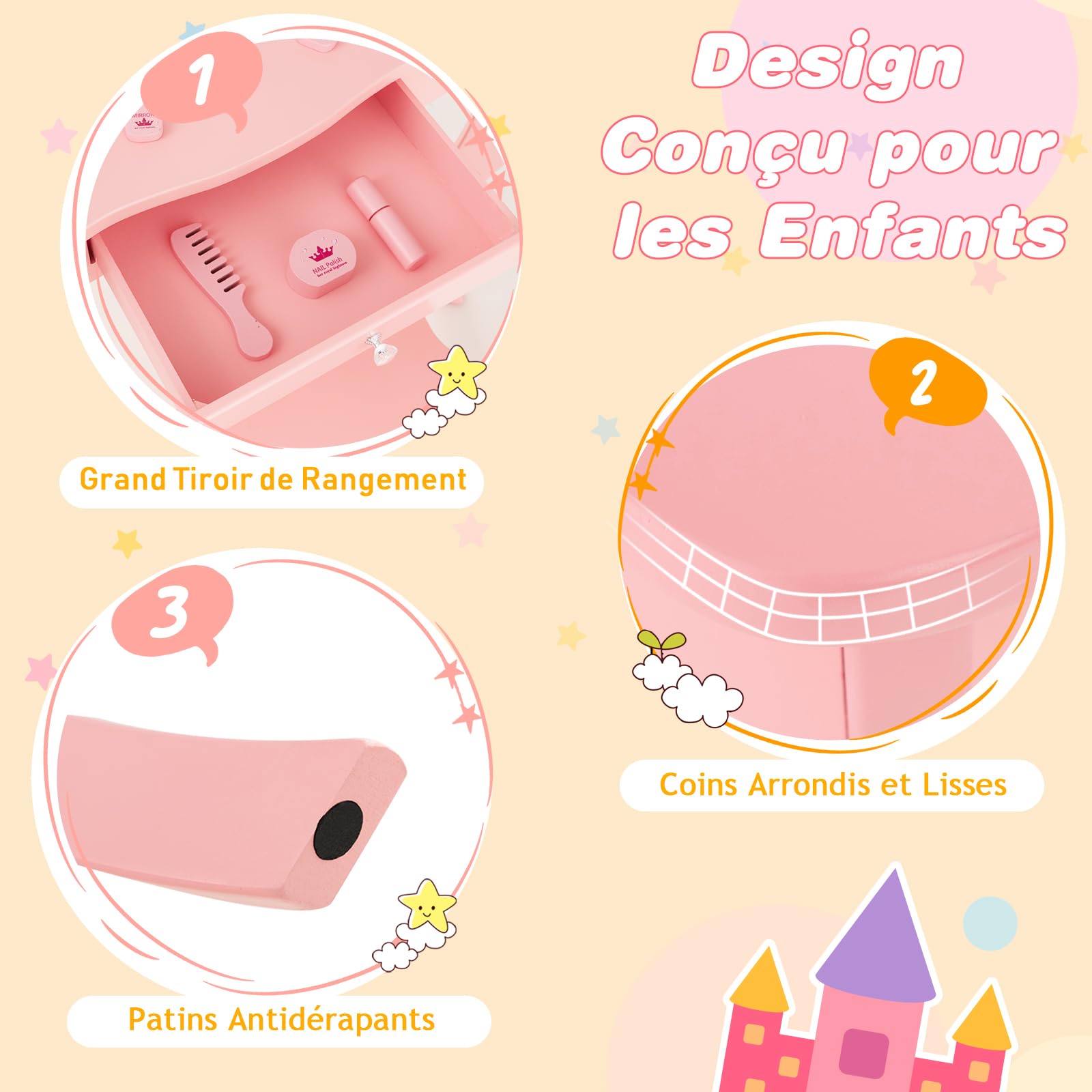 DREAMADE Coiffeuse Enfants Fille avec Tabouret&9 Lumières LED,Table de Maquillage Princesse 3+Ans avec Miroir Amovible&Tiroir&Dispositif Anti-Bascule,Bureau Enfant Charge 50KG(Rose)