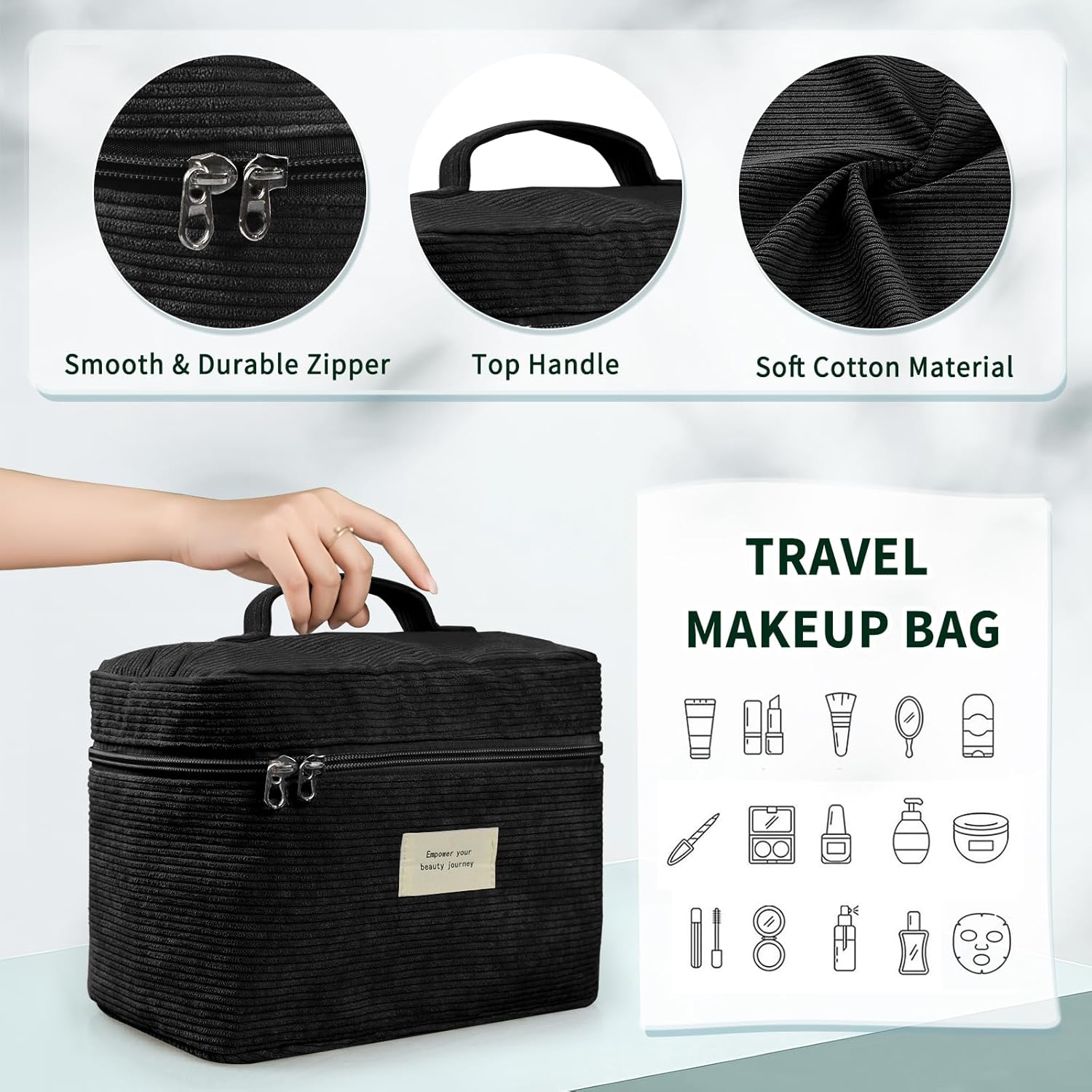4 Pcs Makeup Bag for Women Corduroy Cosmetic Bag Aesthetic Cute Bags Multi Size Purse Pouch Travel Toiletry Bag Set Makeup Organizer with Zipper(Black) - Image 2