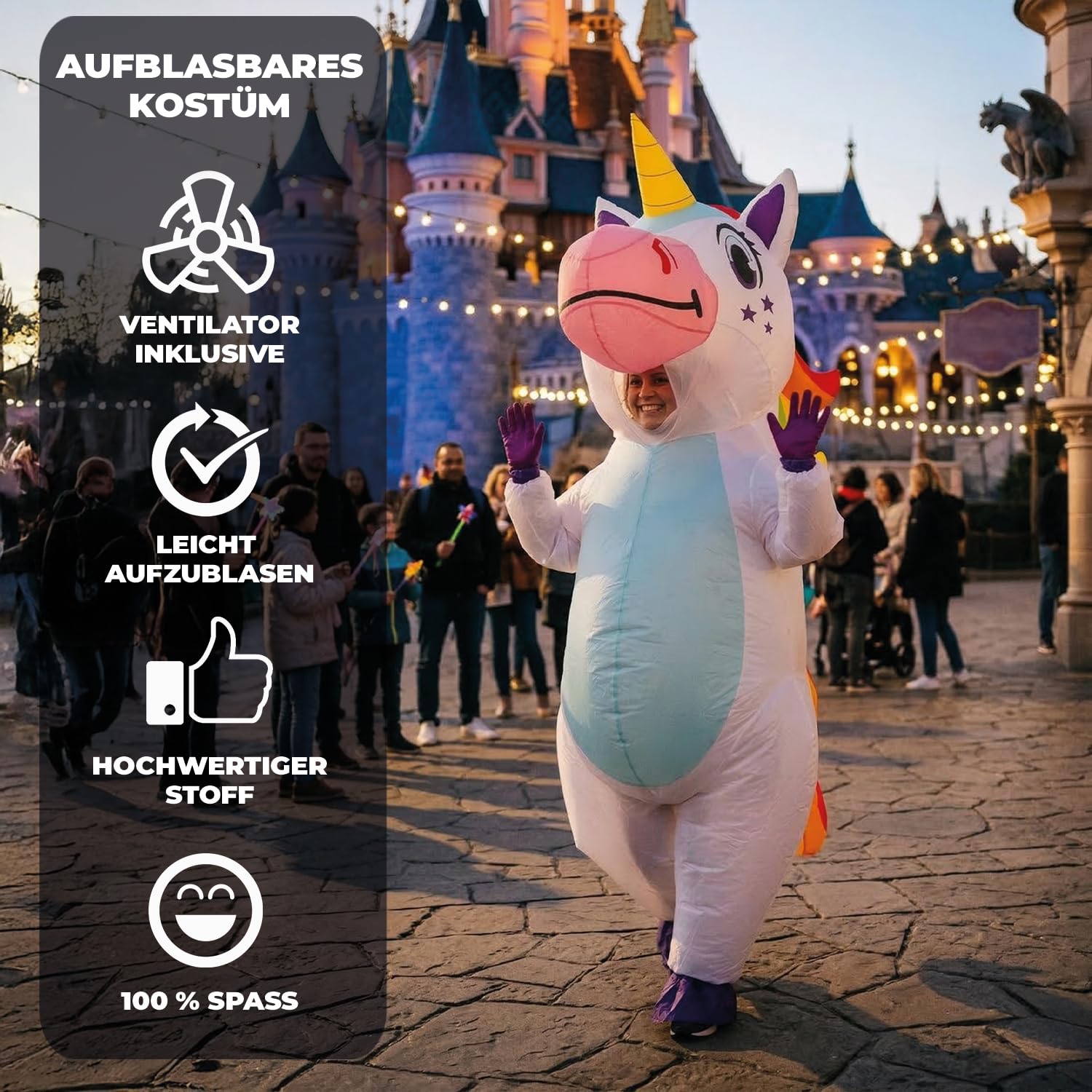 AirSuit® Aufblasbare Verkleidung XXL Einhorn | Ungewöhnliches aufblasbares Kostüm | Premium Qualität | Größe 160 bis 190cm | Polyester | Angenehm zu tragen | Inklusive Aufblassystem | OriginalCup®