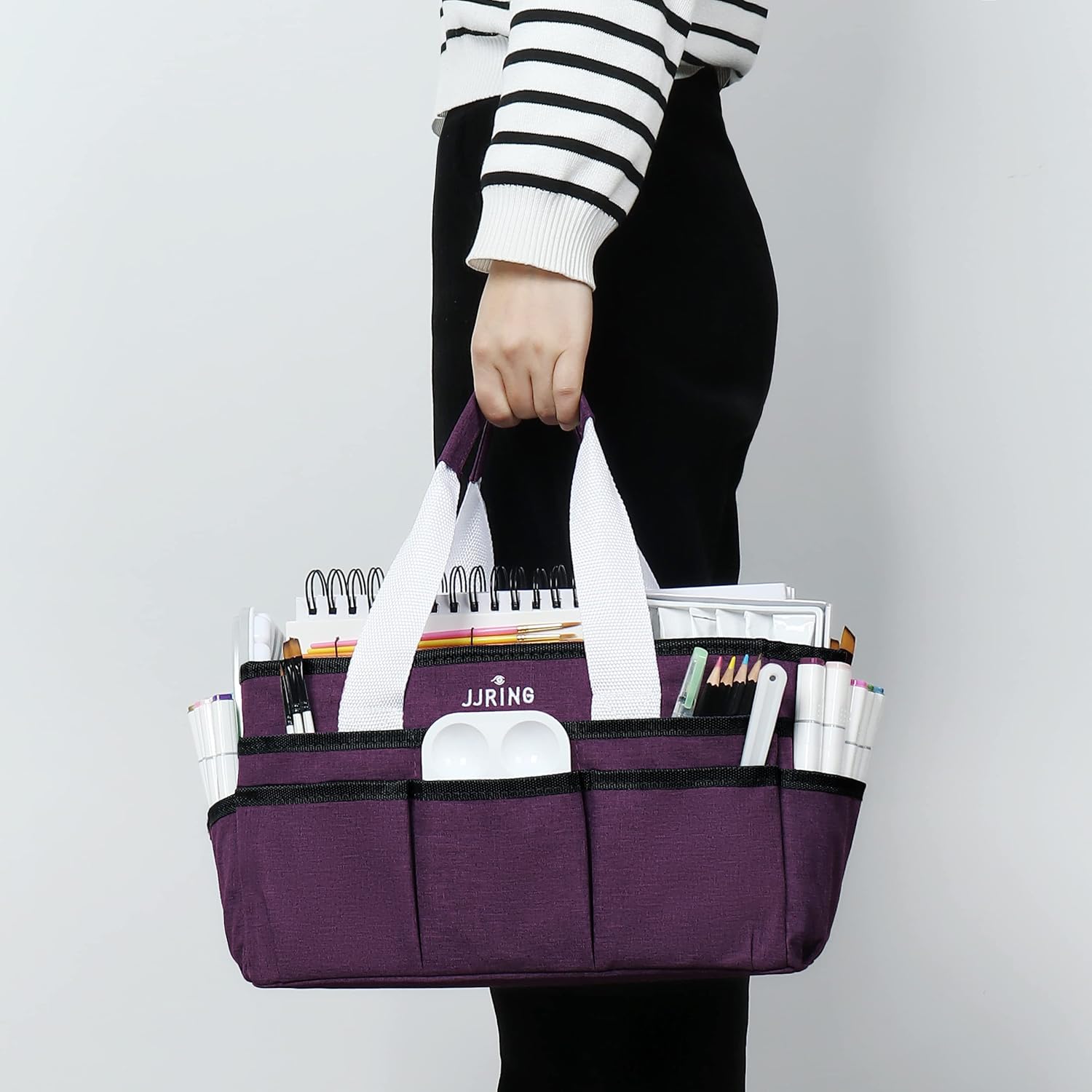 JJRING Craft Organizer Tote Bag, Art Storage Caddy with Multiple Pockets, Deep Purple Sewing Bag for Art, Craft, Scrapbooking, Medical, and Office Supplies Storage