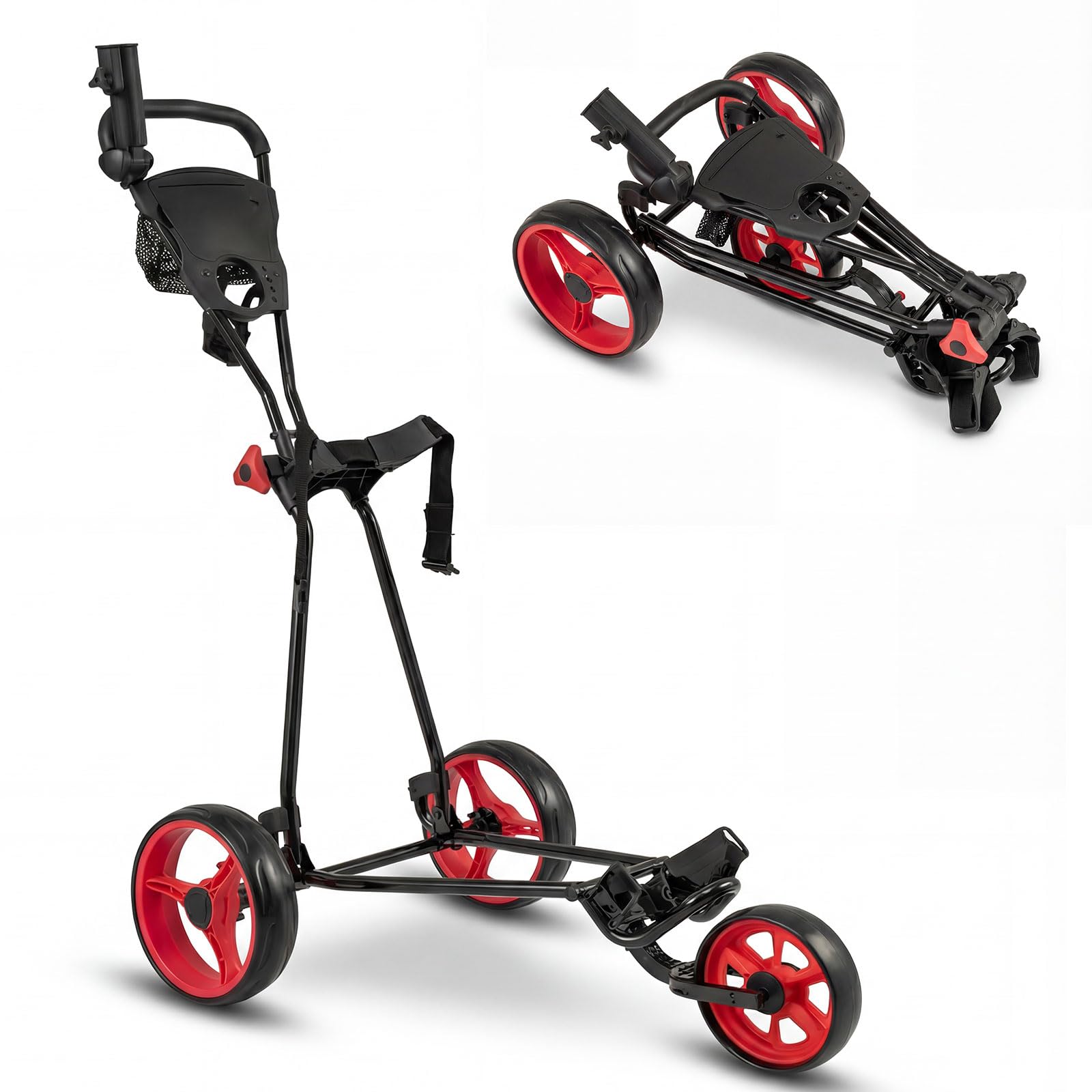 GYMAX Carrello da Golf, Pieghevole a 3 Ruote, Colore: Rosso