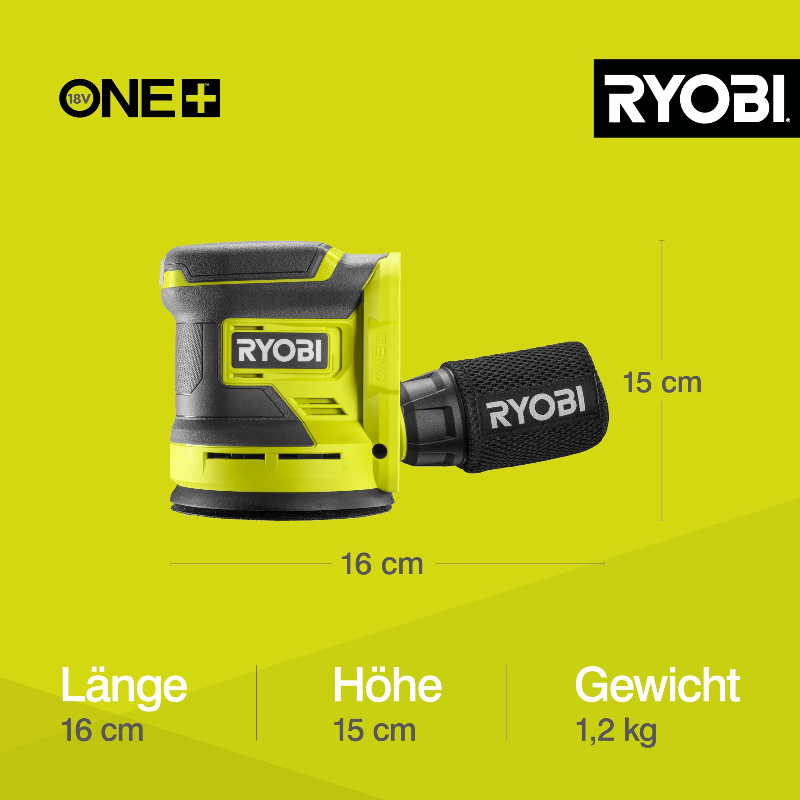 RYOBI 18 V ONE+ Akku-Exzenterschleifer RROS18-0, 125 mm Schleifteller, 2,5 mm Schwingkreis, Effiziente Farbentfernung, Kompatibel mit Werkzeugsystemen