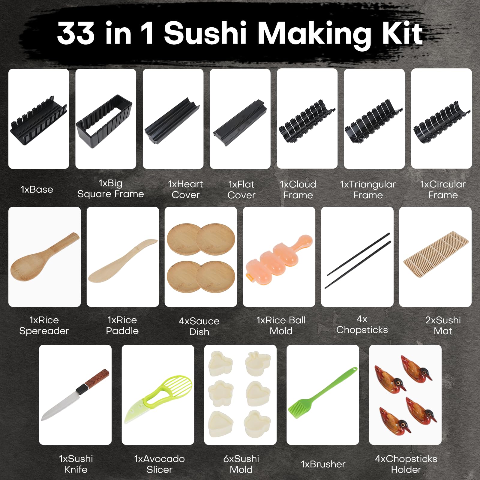 Kit per sushi, kit per sushi, kit da 33 pezzi per sushi per principianti, kit con stampo per taglio sushi, stampo per palline di riso, pressa per onigiri, coltello, tappetini in bambù, pagaia