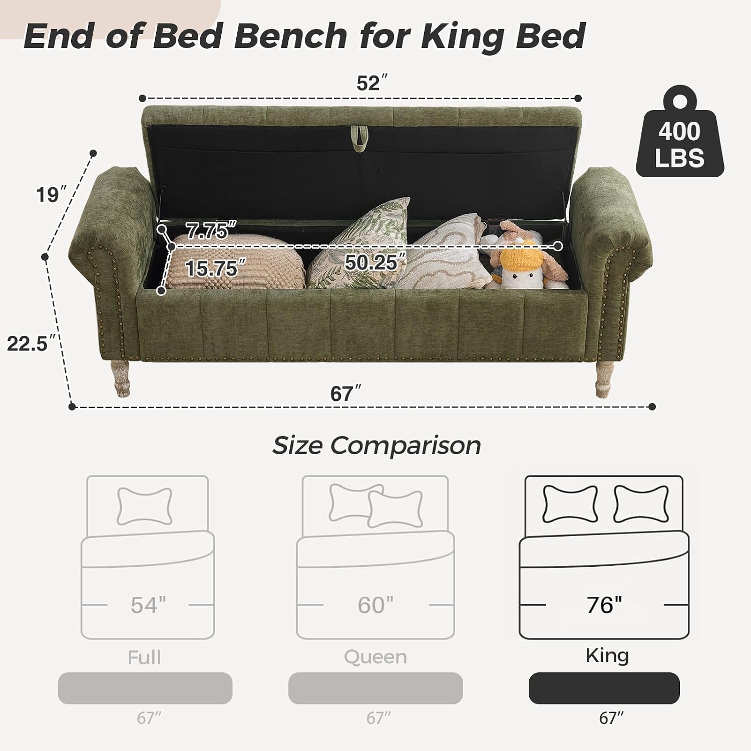 67" King Size Bed Bench, Bedroom Bench Storage for Foot of Bed, Long Storage Benches with 2 Pillows, Bench End of Bed King with Vintage Wood Legs for Bedroom, Entryway, Linen Green