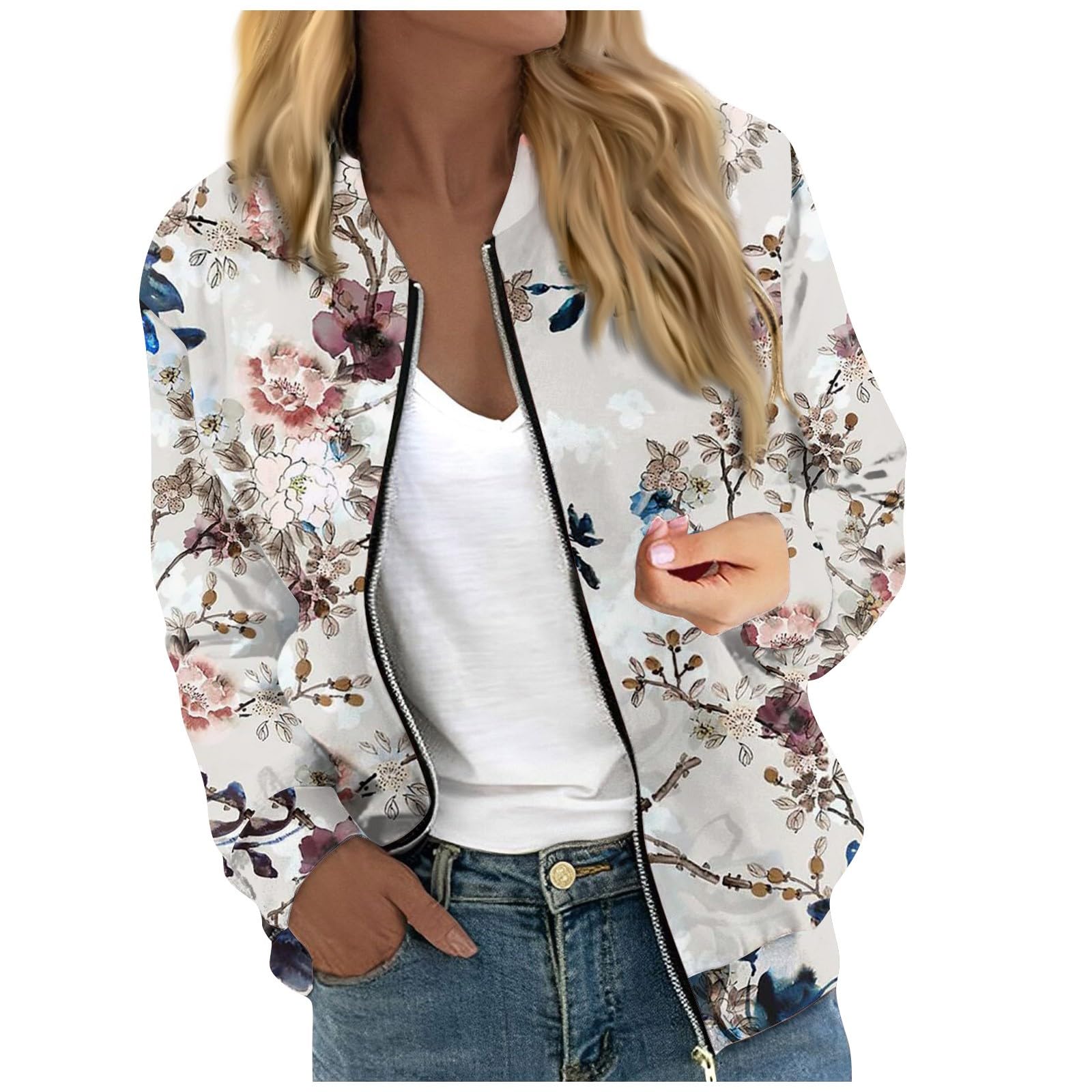 FlekmanArtJackets For Women Long Sleeve Lightweight Zip Up Cropped Fashion Print Outerwear Casual Quilted Jackets Whith