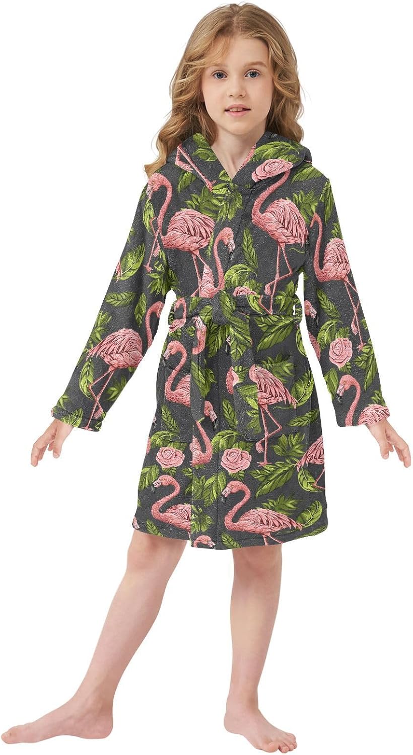 senya Tropical Pink Flamingo Toddler Hooded Bathrobe Kids Soft Plush Bath Towel Robes for Boys Girls 2-12 Years