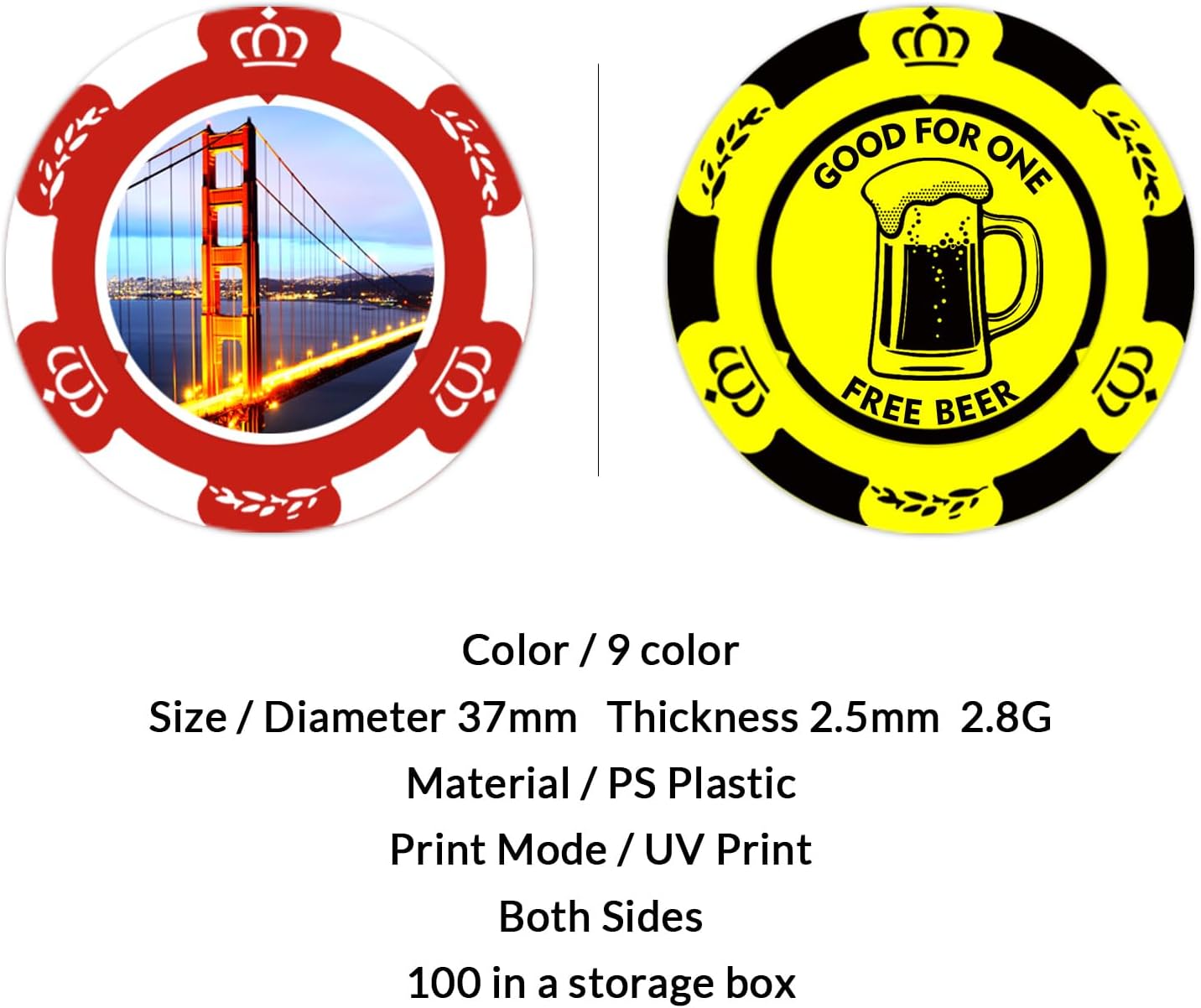 100 Custom Plastic Poker Chips, Personalized with Your Images and Text, for Billiard Hall, Bachelor Party, Bar