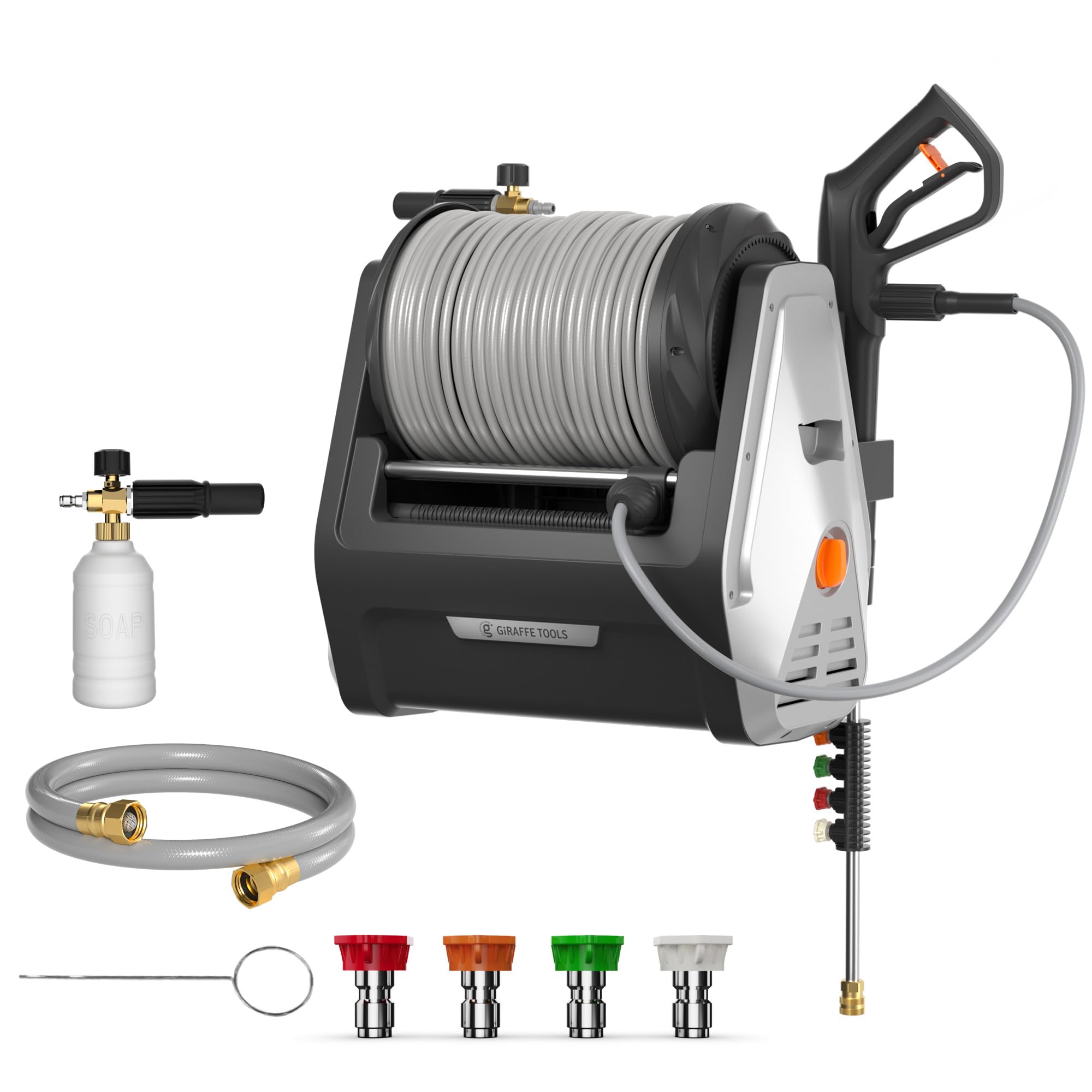 Giraffe Tools Grandfalls Pressure Washer Plus+, Max 2900 PSI, 2.2 GPM Electric Wall Mounted Power Washer with 100ft Retractable Pressure Hose, Foam Cannon, 4-Nozzles for Car/Driveways/Patios