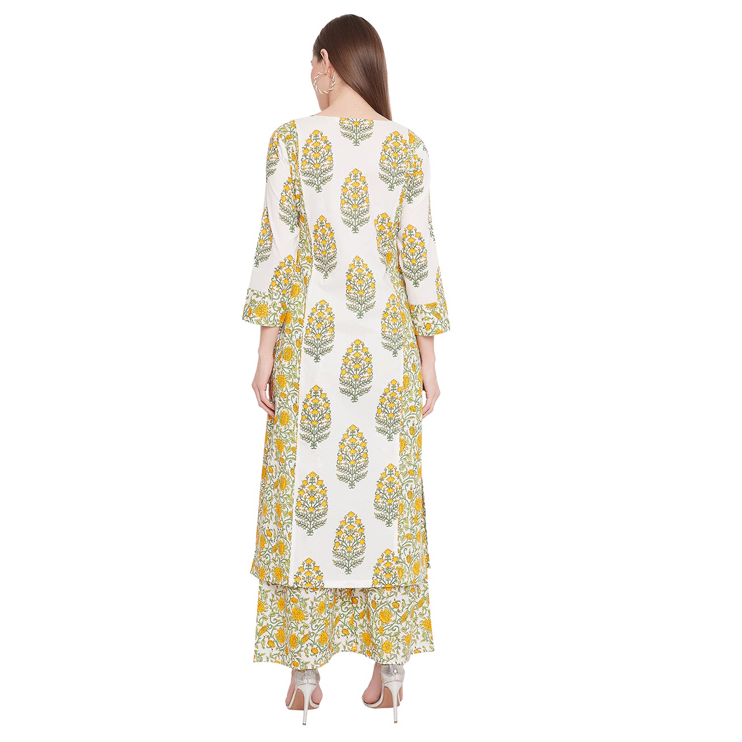 Tissu Women's White & Yellow Printed Straight Kurta With Printed Palazzos (White_S)