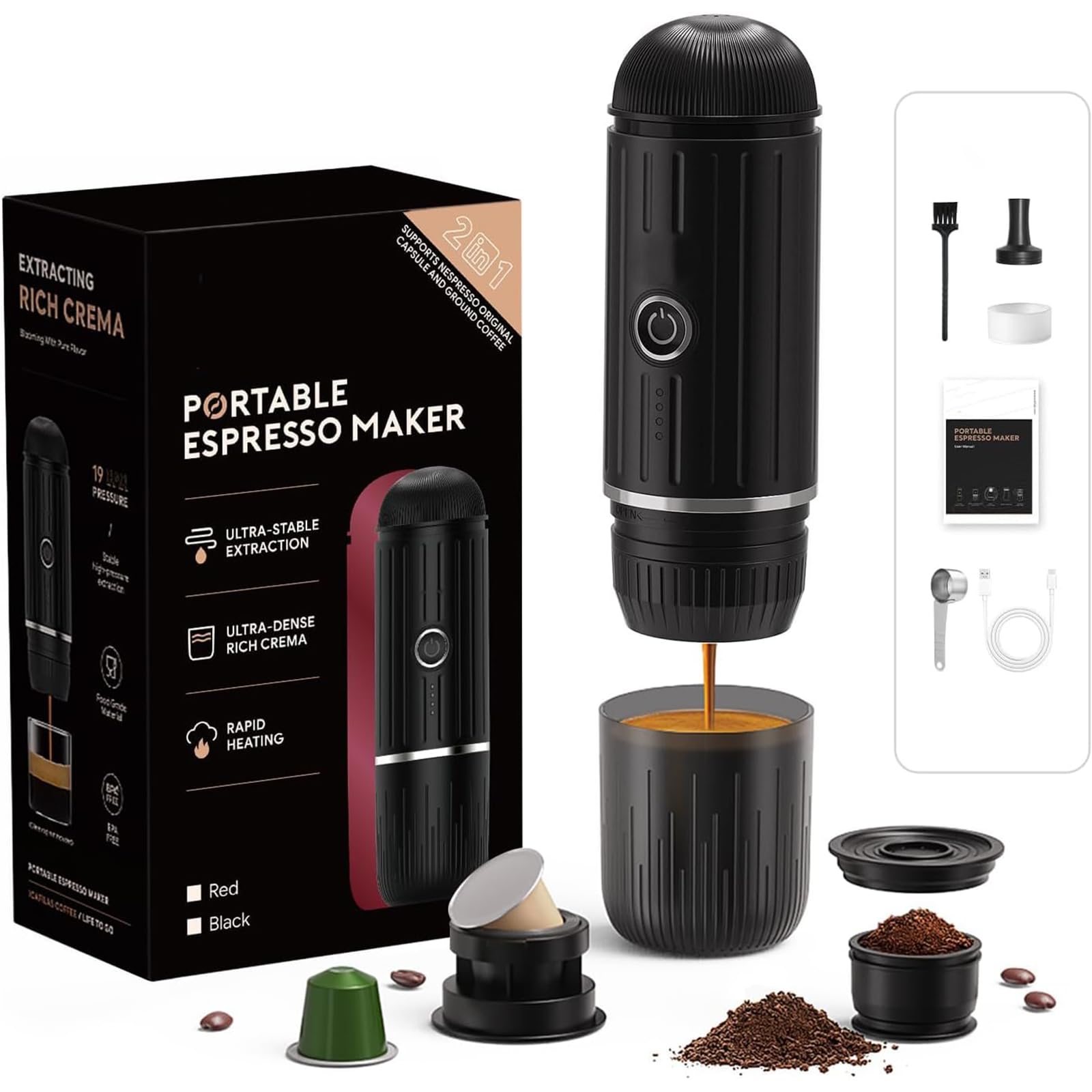 Machine à expresso électrique portable, système d'extraction auto-chauffant 2 en 1, machine à café expresso Crema Nespress, supporte le café moulu et la capsule NS, ME2218 (NOIR)