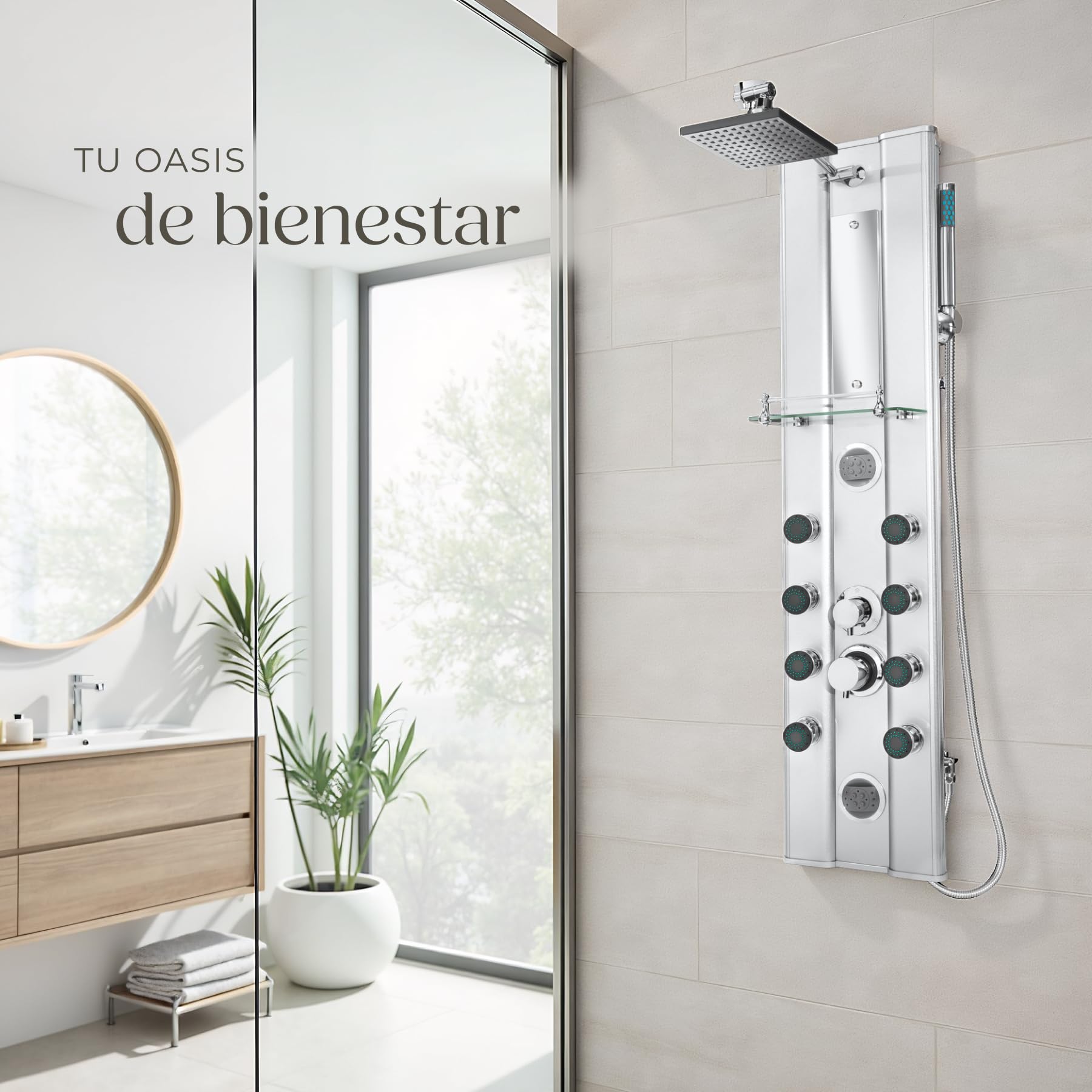 tectake® Columna Ducha con Hidromasaje, Grifo Ducha y de Mano, 10 Chorros Masaje, Diseño Moderno, Fácil Instalación, Anticalcáreo, Duchas de Baño, Estructura de Aluminio - Plateado
