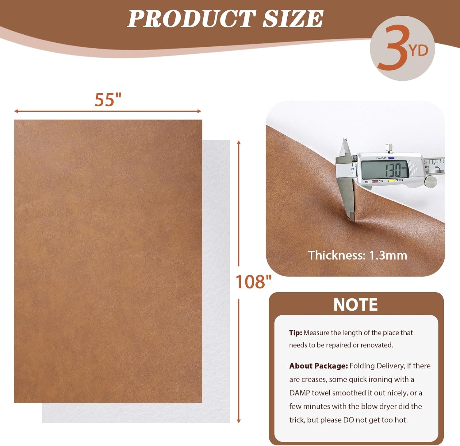 Faux Leather Vinyl Upholstery Fabric by The Yard, 1.3mm Thick Soft Anti-Scratch Durable Marine Vinyl Fabric Synthetic Leather for Sofa Bags Chairs Car Seats DIY Crafts, 3 Yards Cut 55" x 108" (Brown)