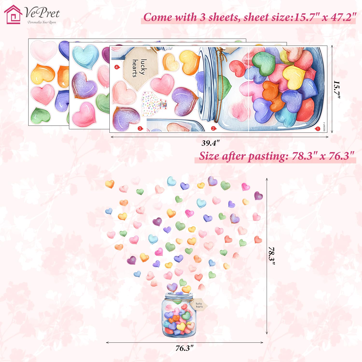 VePret Large Watercolor Hearts Wall Decals Peel and Stick, Cute Lucky Hearts Wall Stickers - Image 3
